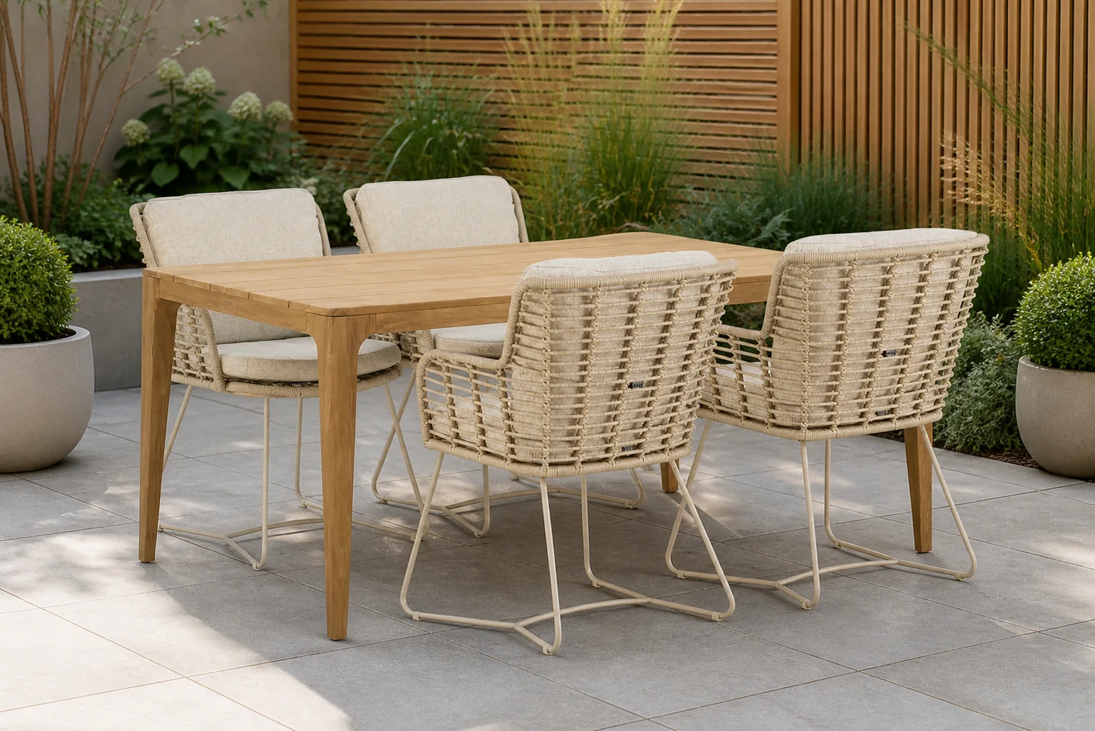 Sfeerfoto van 4 Seasons Outdoor Fabrice/Sentis 180 cm dining tuinset 5-delig – Taupe-naturel-bruin