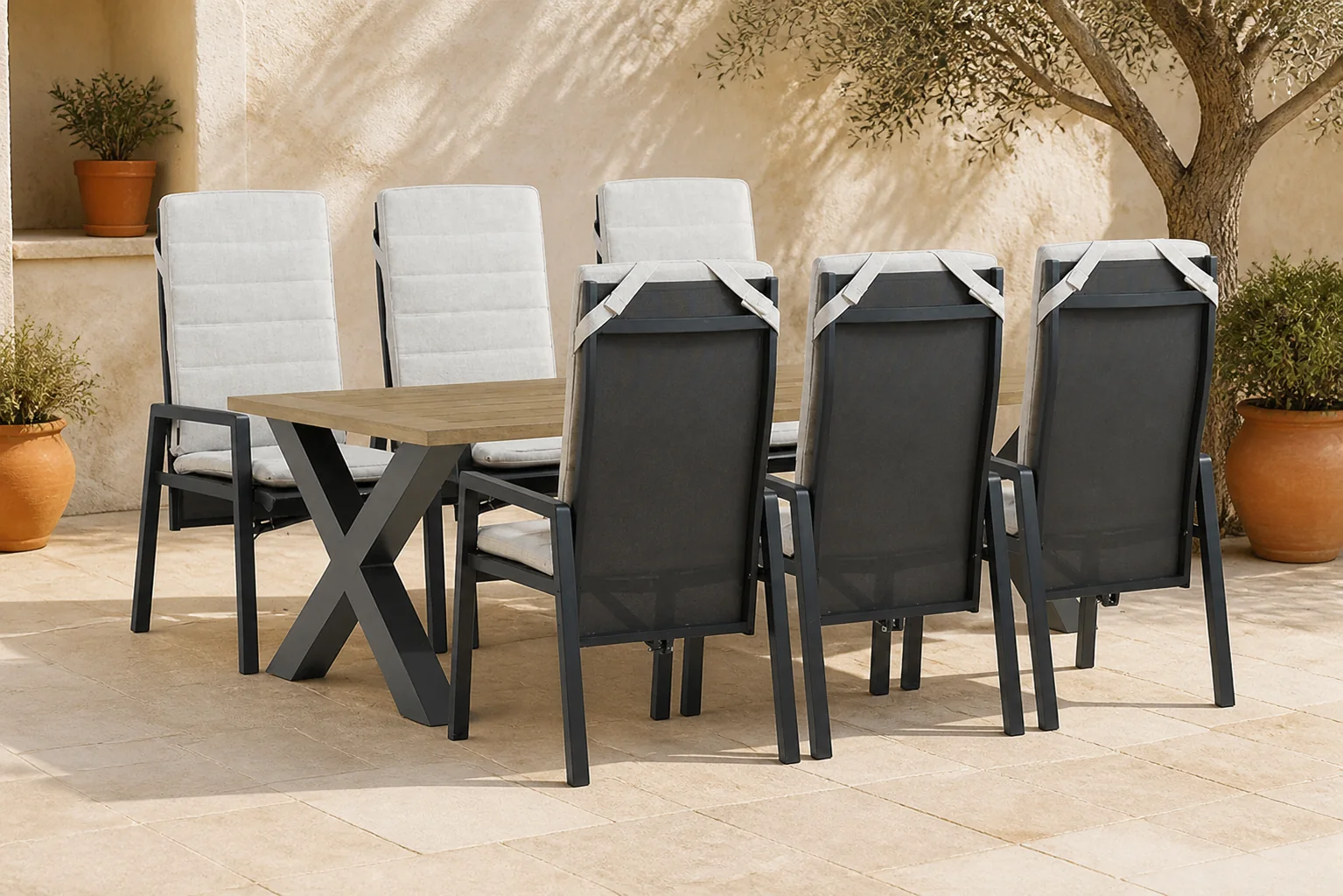 Sfeerfoto van Lifestyle Garden Furniture Vivaro/Cardiff 240×100 cm dining tuinset 7-delig – Grijs-antraciet