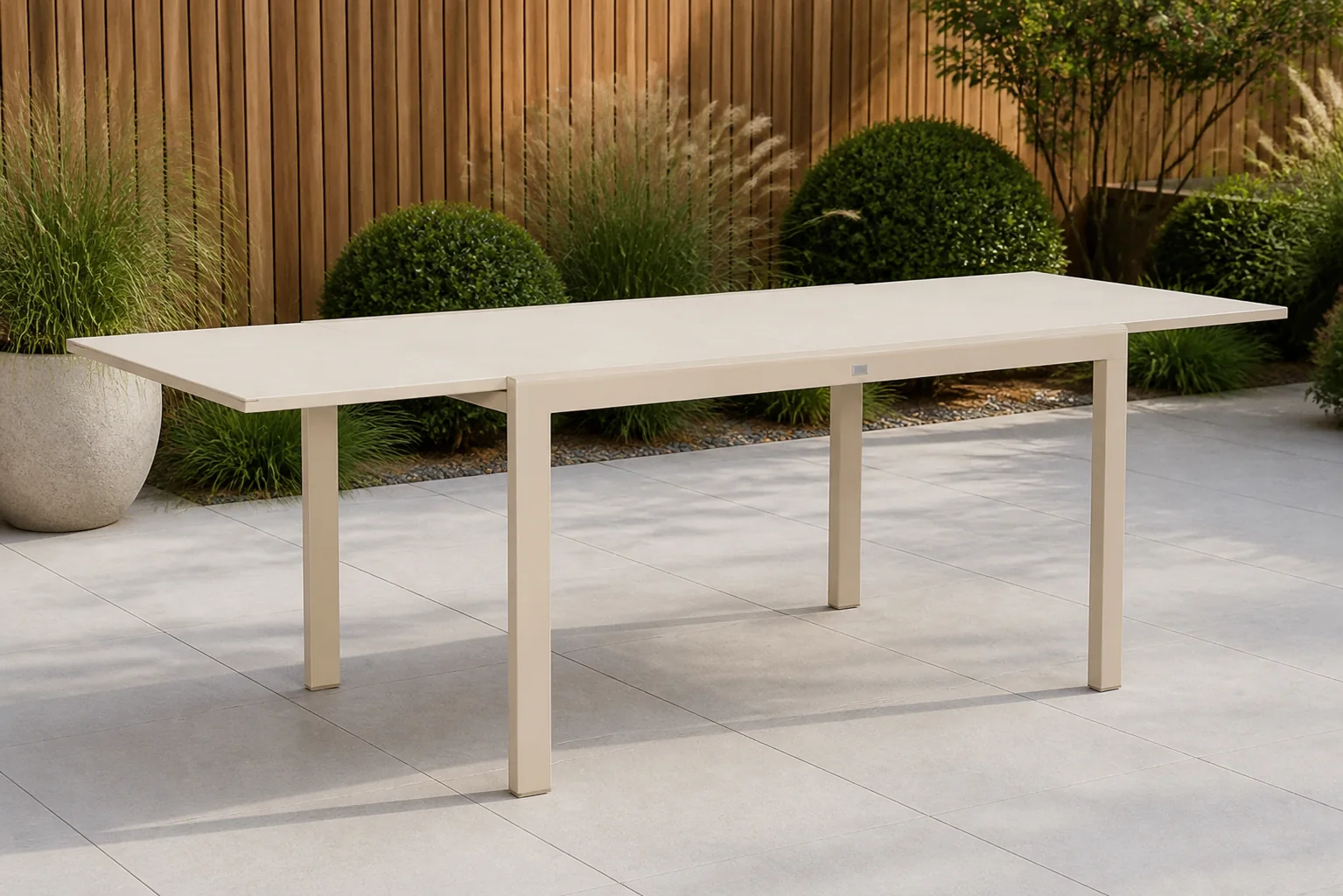 Sfeerfoto van Presto Montaro dining tuintafel uitschuifbaar 140/240×90 cm – Zand/Beige