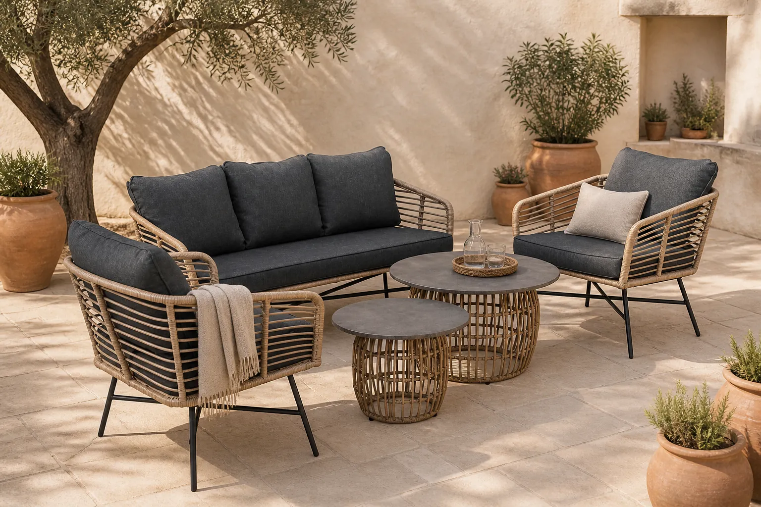 Sfeerfoto van BUITEN living Flow stoel-bank loungeset 5 personen | wicker + betonlook | bamboo antraciet | 5-delig – Taupe – Naturel – Bruin