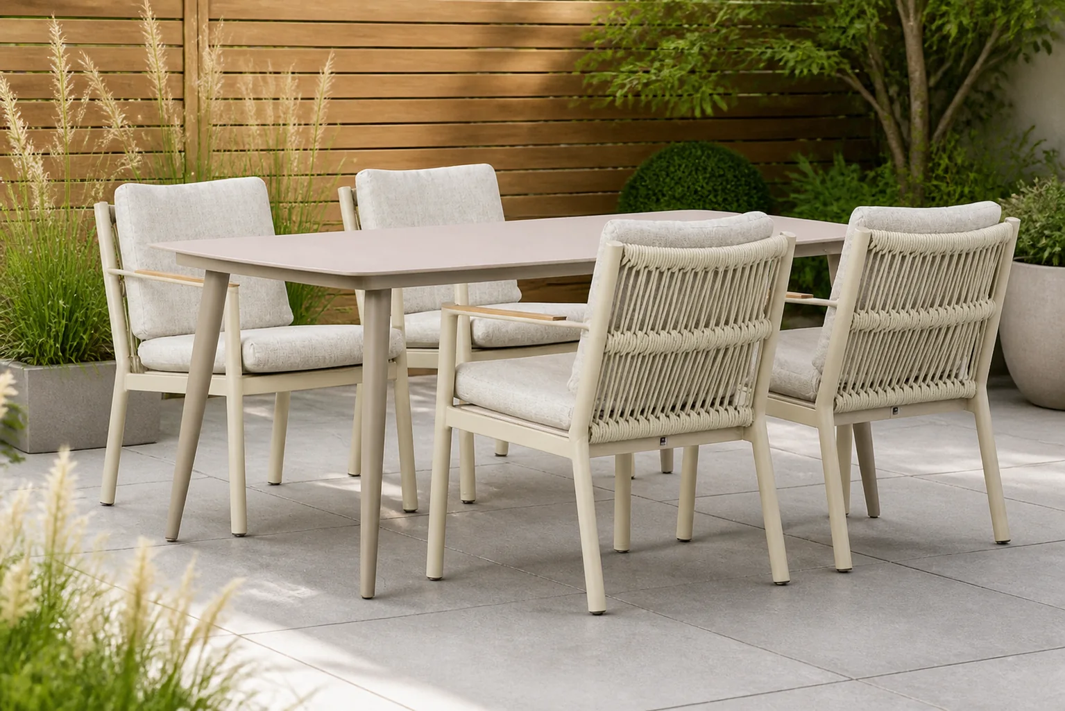 Sfeerfoto van Coco Sevilla/Vienna 180 cm dining tuinset 5-delig – Taupe-naturel-bruin