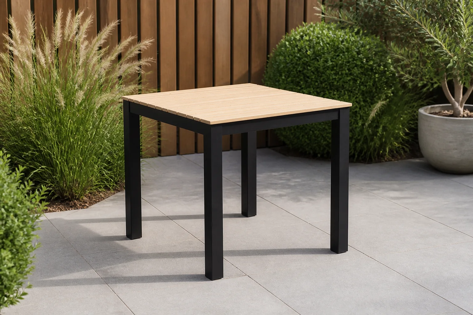 Sfeerfoto van Yoi Arashi dining tafel 76x76cm aluminium black teak – zwart