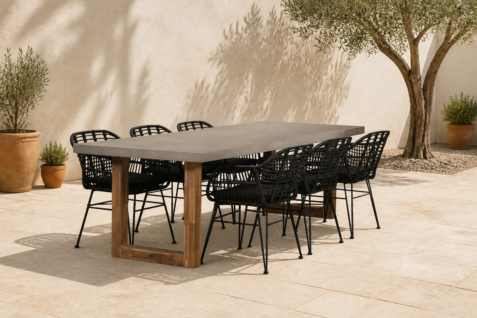 Sfeerfoto van BUITEN living Lausanne/Napels dining tuinset | 6 personen | hardhout + wicker | 250cm – Light Teak, Betonlook, Zwart