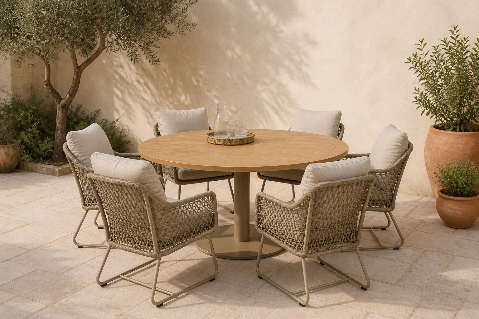 Sfeerfoto van LUX outdoor living Ventura beige/Gianna Sandstone low dining tuinset | 6 personen | teakhout + touw | 160cm rond