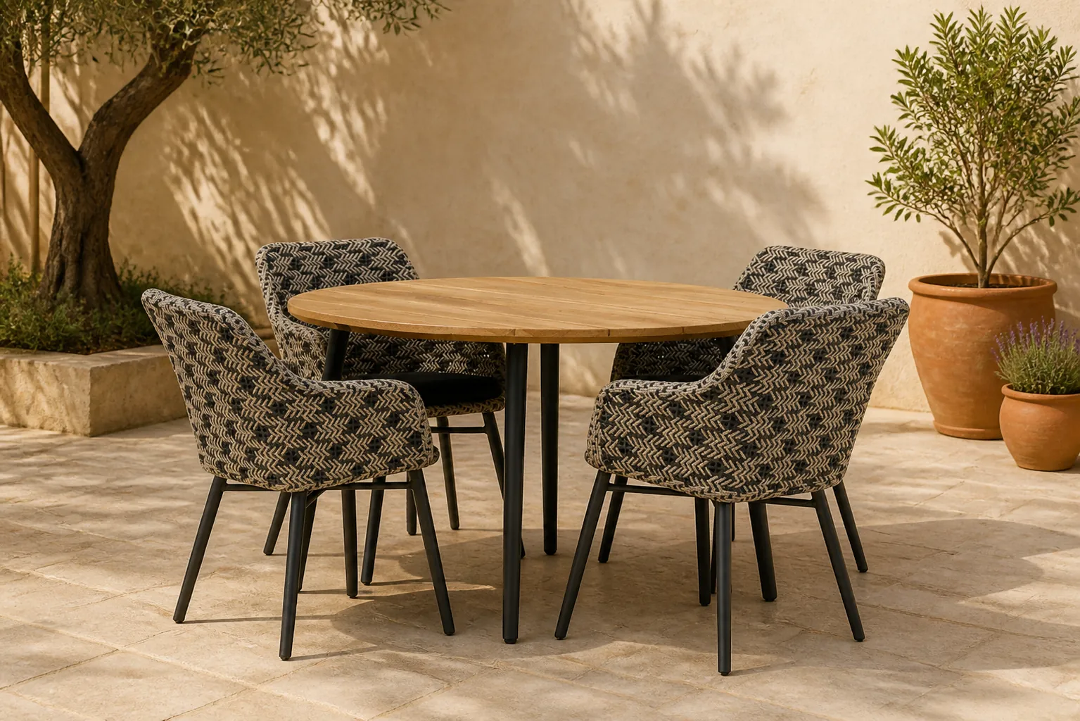 Sfeerfoto van Lifestyle Garden Furniture Crossway/Montana 130 cm rond dining tuinset 5-delig – Zwart-wit