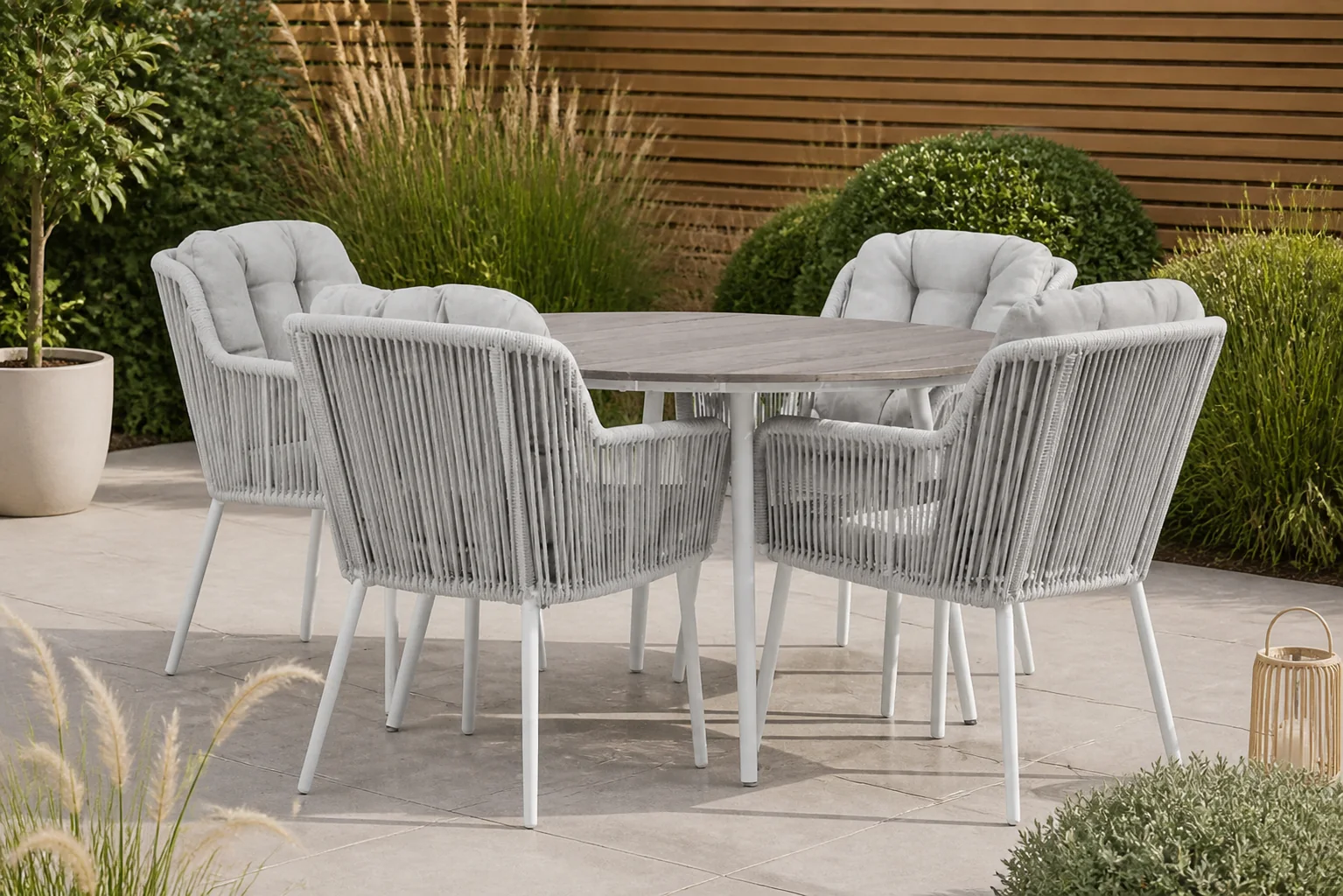 Sfeerfoto van Santika Furniture Tendenza/Yala 125 cm dining tuinset 5-delig – Wit
