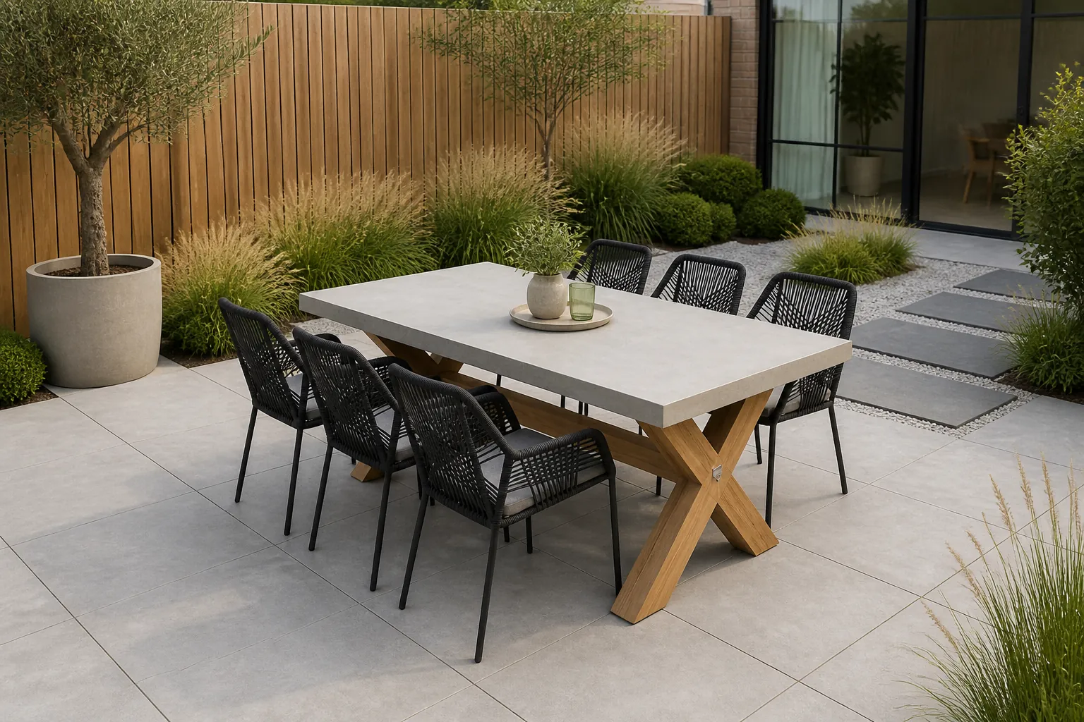 Sfeerfoto van BUITEN living Norwich/Seville zwart dining tuinset | 6 personen | betonlook + touw | 250cm – Betonlook, Zwart