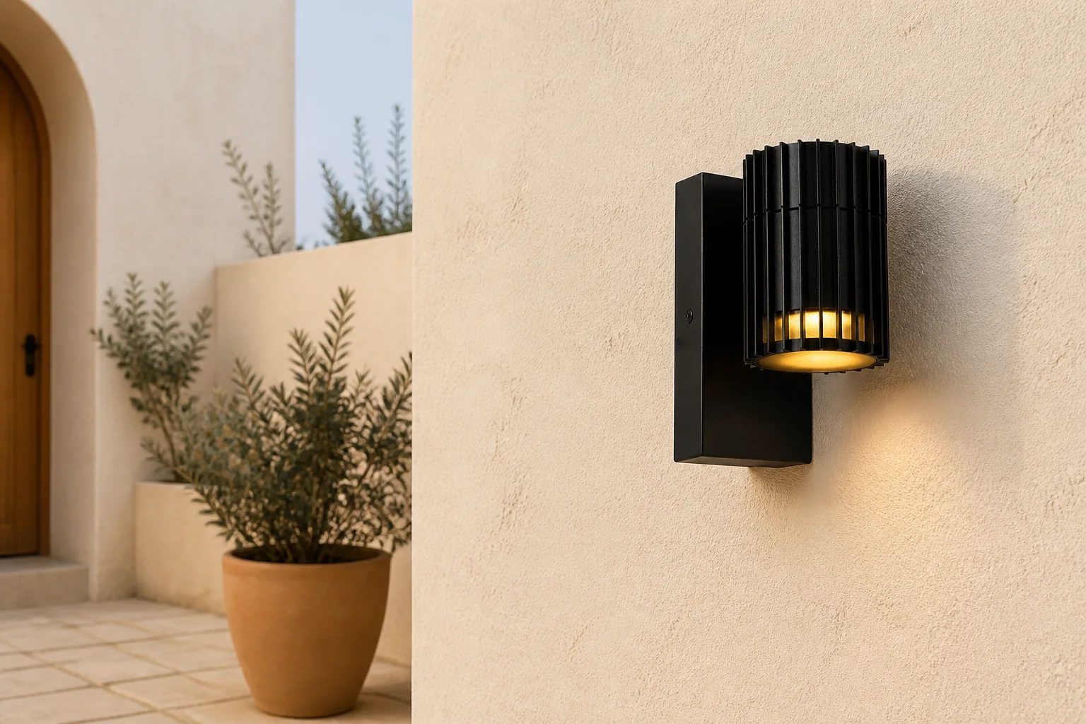 Sfeerfoto van Lucide TIMBALA Wandspot / Wandlamp Binnen/Buiten 1xGU10 IP44 Zwart | Essential Adapter/lichtnet
