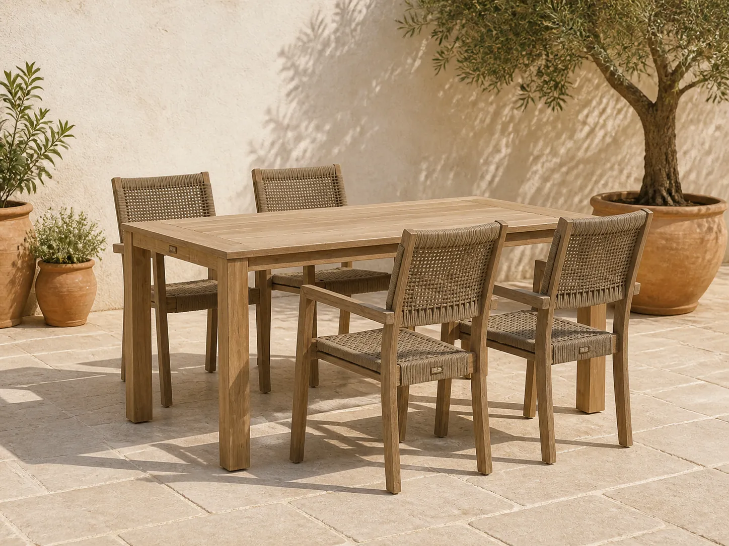 Sfeerfoto van ROUGH Furniture ROUGH-Batang Rope/ROUGH-X 200cm dining tuinset 5-delig stapelbaar – Bruin