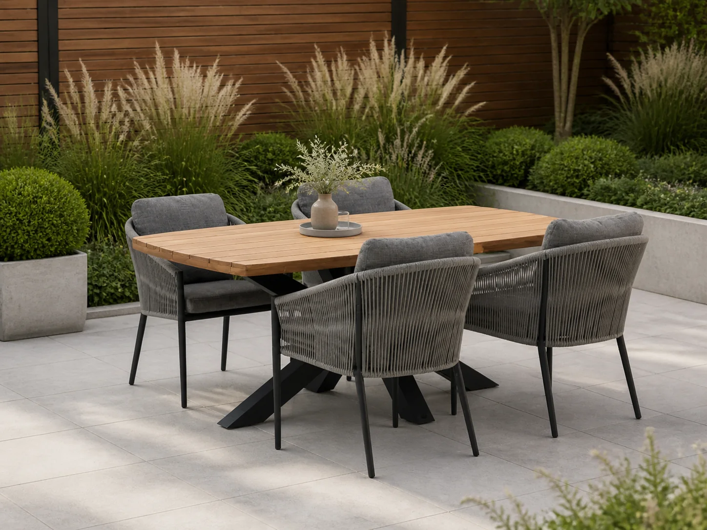 Sfeerfoto van Bellagio tuinmeubelen + 10% kassakorting | Bellagio Mineo/Induno deens Ovaal 180cm dining tuinset 5-delig – Grijs
