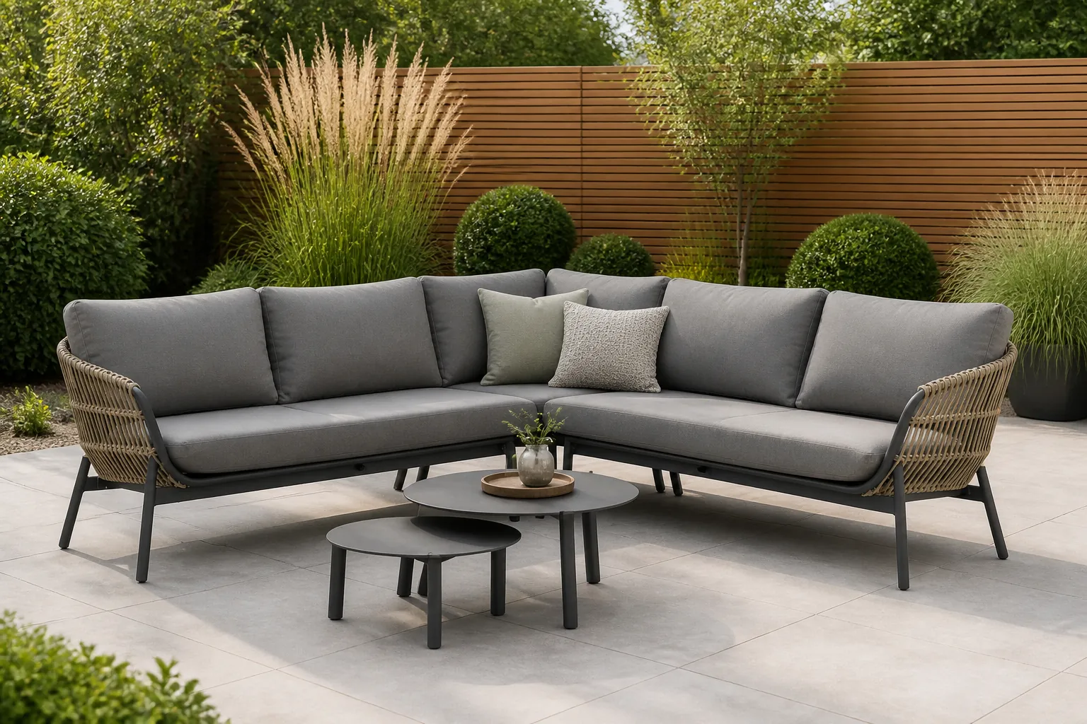 Sfeerfoto van Coco Nathan/Rimini 60-75 cm hoek loungeset 5-delig – Grijs-antraciet