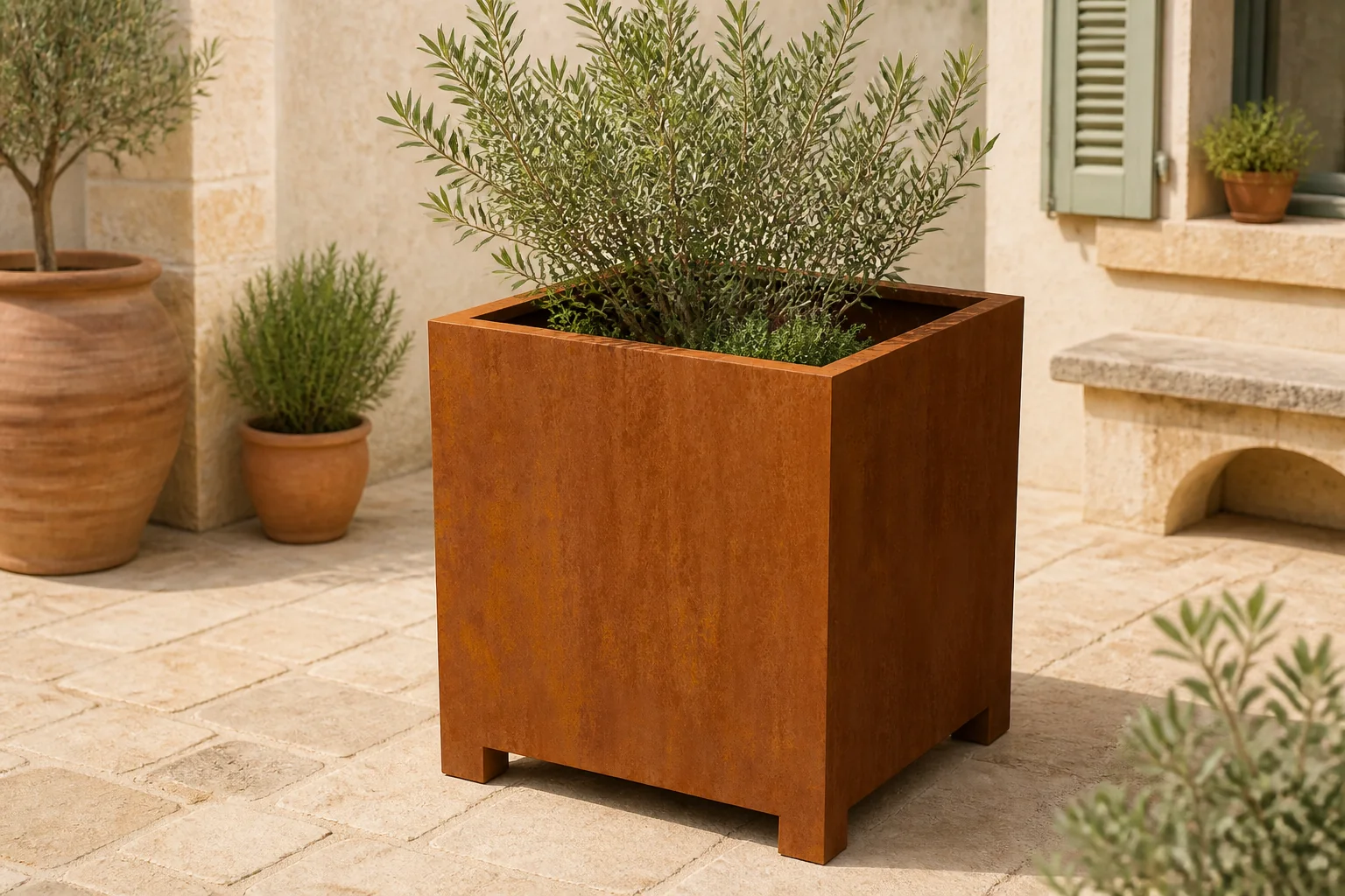Sfeerfoto van Geroba Artesa plantenbak cortenstaal met 10 cm poten L100 x B100 x H110 cm – bruin