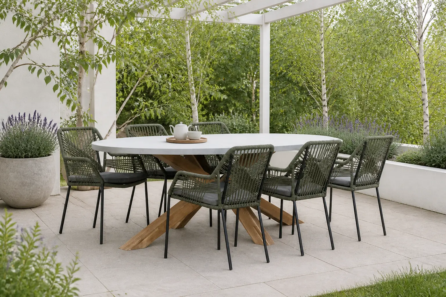 Sfeerfoto van BUITEN living Livorno/Seville olijfgroen dining tuinset | 6 personen | betonlook + touw | 240cm ovaal – Light Teak, Olijfgroen, Betonlook