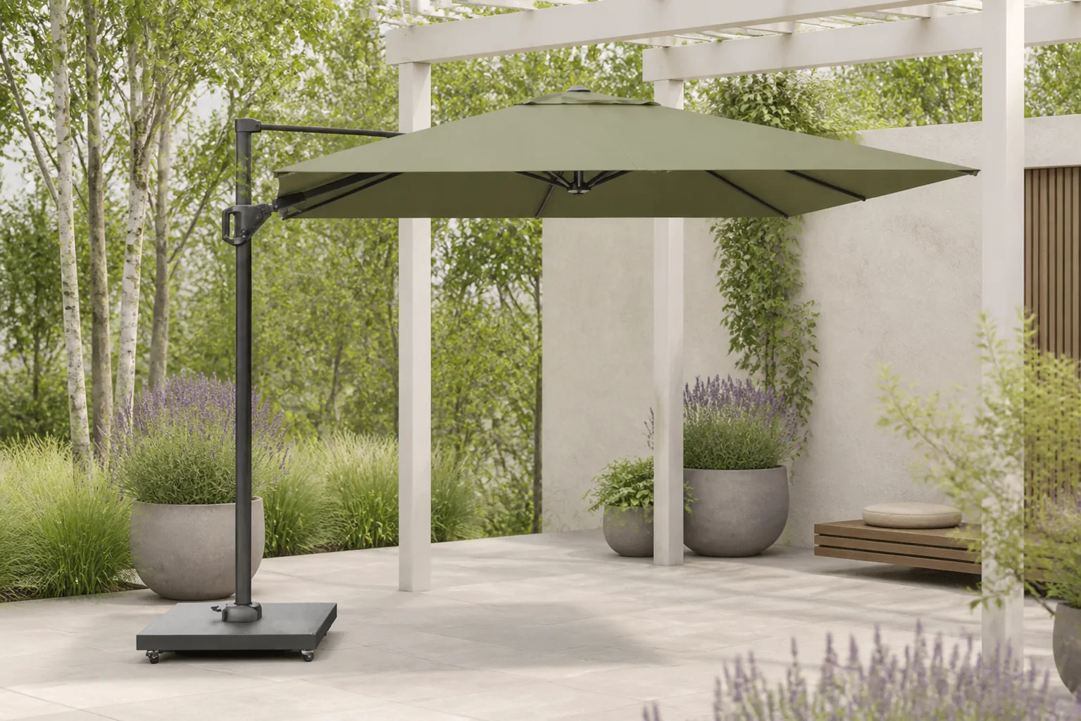 Sfeerfoto van Platinum Challenger zweefparasol 3x3m T2 premium (excl.voet) lush green – Groen