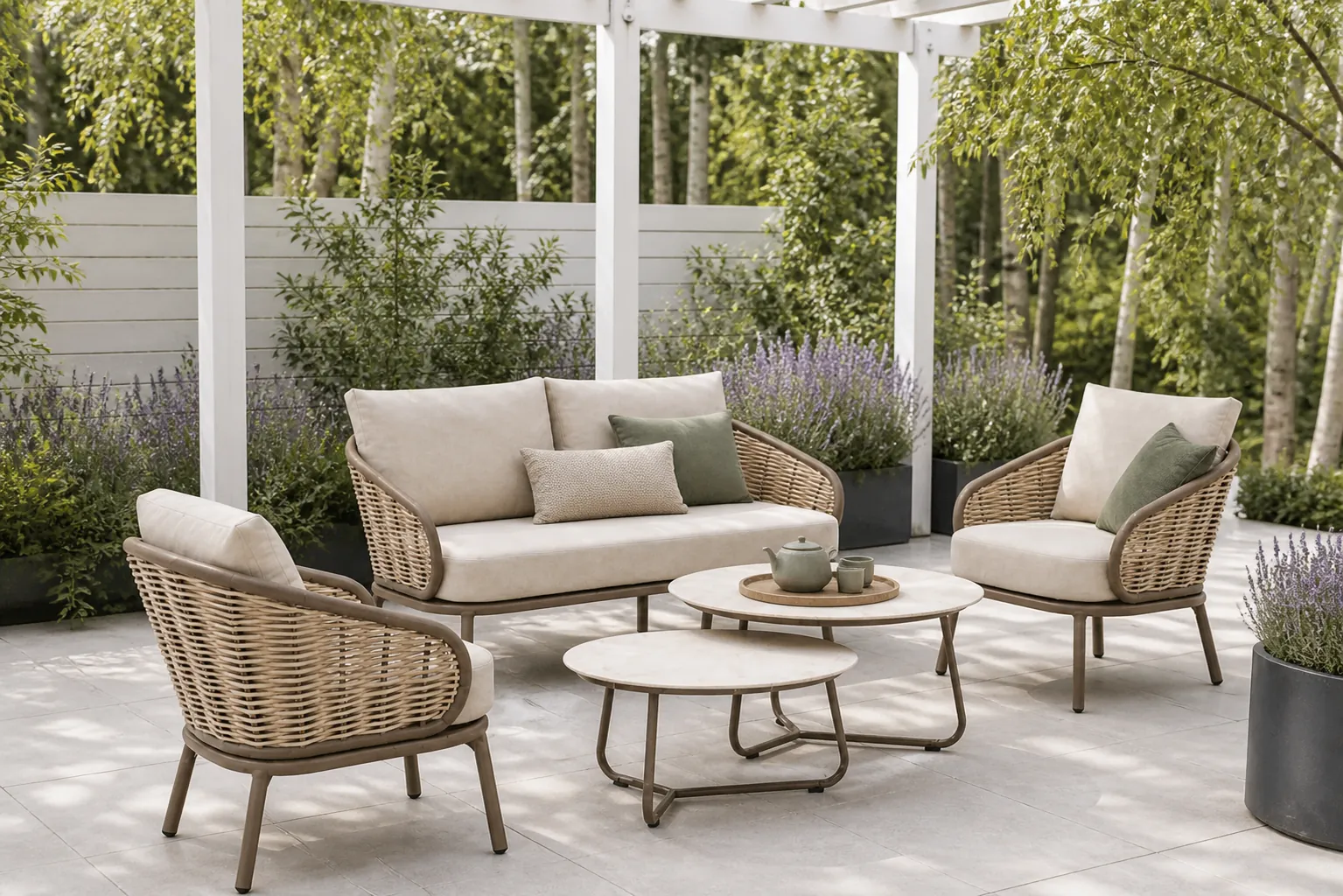 Sfeerfoto van Apple Bee Pine Key/Pine Key 63/79 cm stoel-bank loungeset 5-delig – Taupe-naturel-bruin