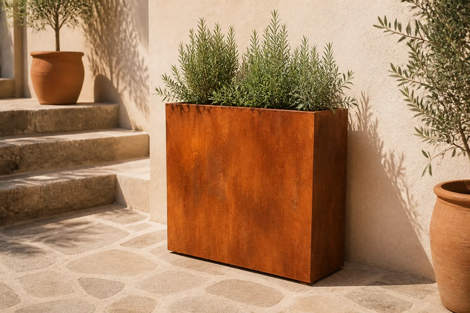 Sfeerfoto van Geroba Plantenbak Artesa roestkleurig 90x30x80 cm – bruin