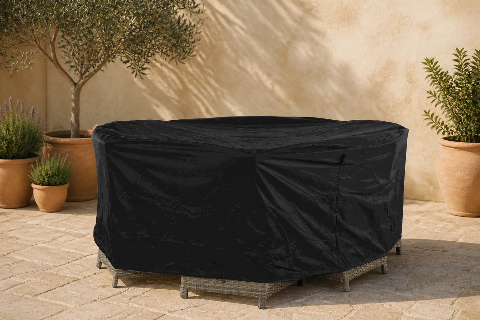 Sfeerfoto van Outdoor Cover tuinsethoes rond 210 cm x (h) 85 cm – Grijs-antraciet