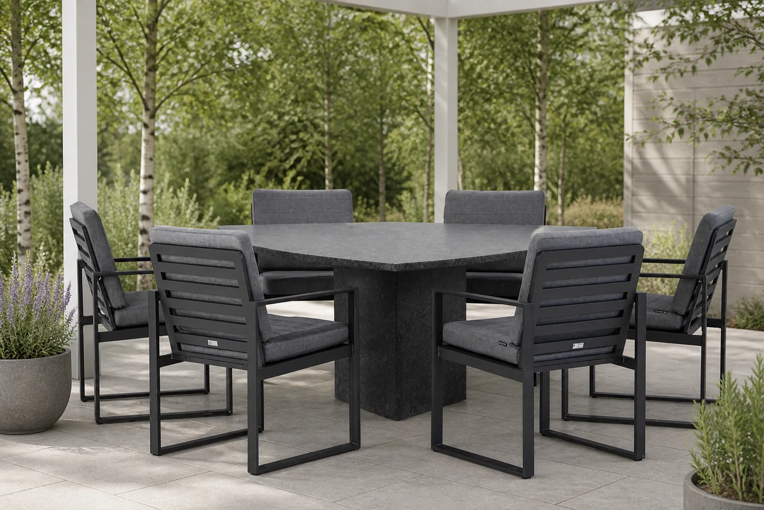 Sfeerfoto van Santika Furniture Zaga/Graniet triangel 170 cm dining tuinset 7-delig – Grijs-antraciet
