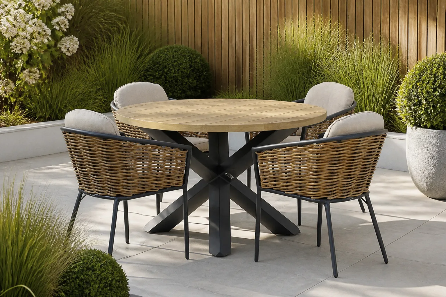 Sfeerfoto van Lifestyle Garden Furniture Nice/Rockville 120 cm dining tuinset 5-delig – Grijs-antraciet