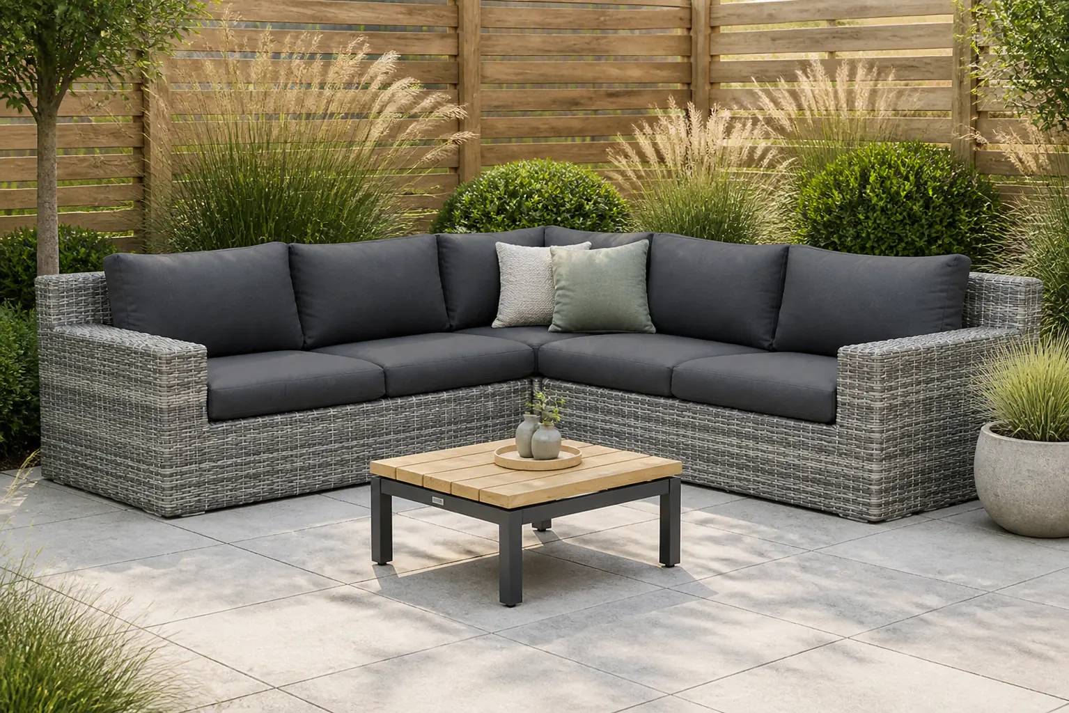 Sfeerfoto van Garden Collections Amico/Riviera 75 cm hoek loungeset 4-delig – Grijs-antraciet