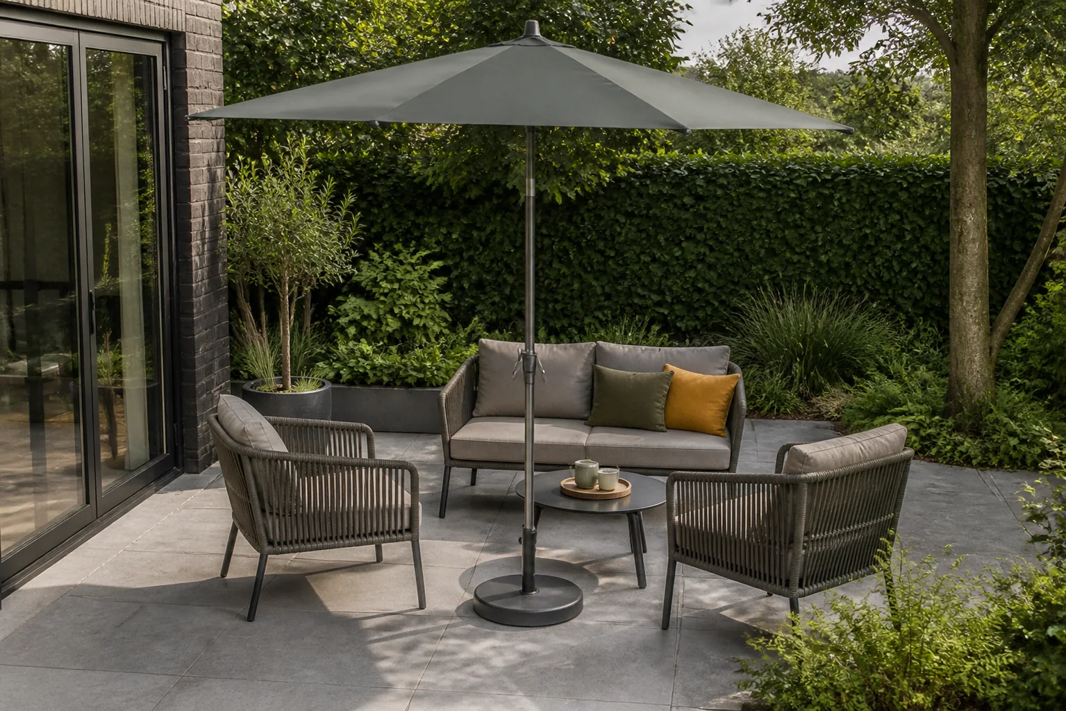 Sfeerfoto van Platinum Sun & Shade | Parasol Riva Ø250 cm | Olijfgroen