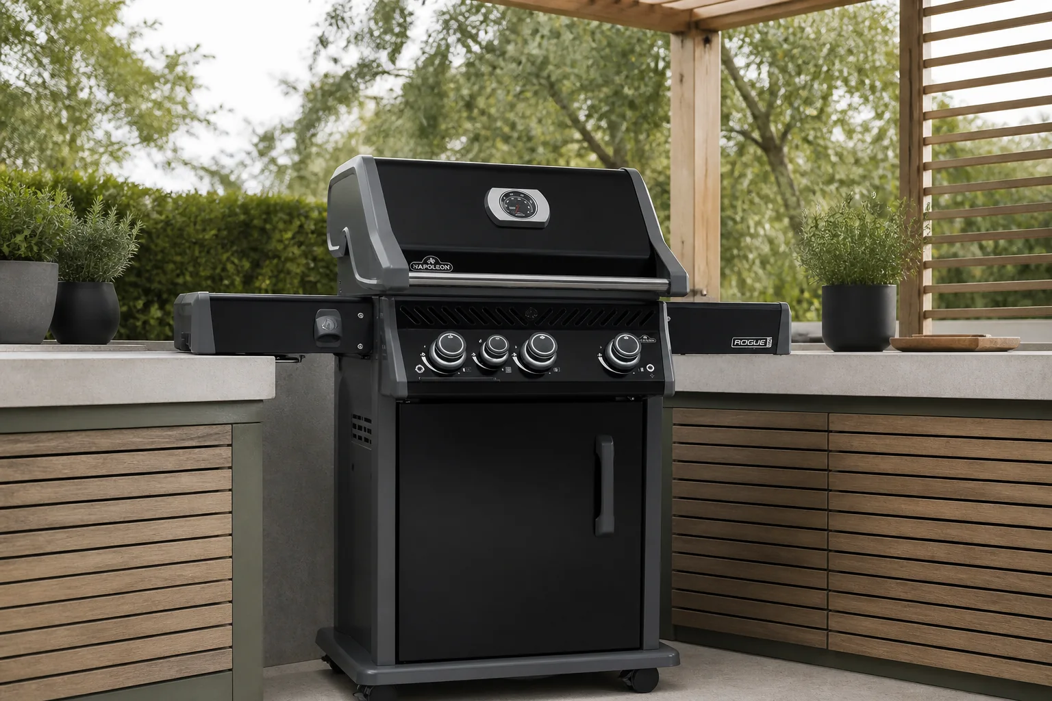 Sfeerfoto van Napoleon grills Rogue Pro 425 met Sizzle Zone zijbrander zwart barbecue