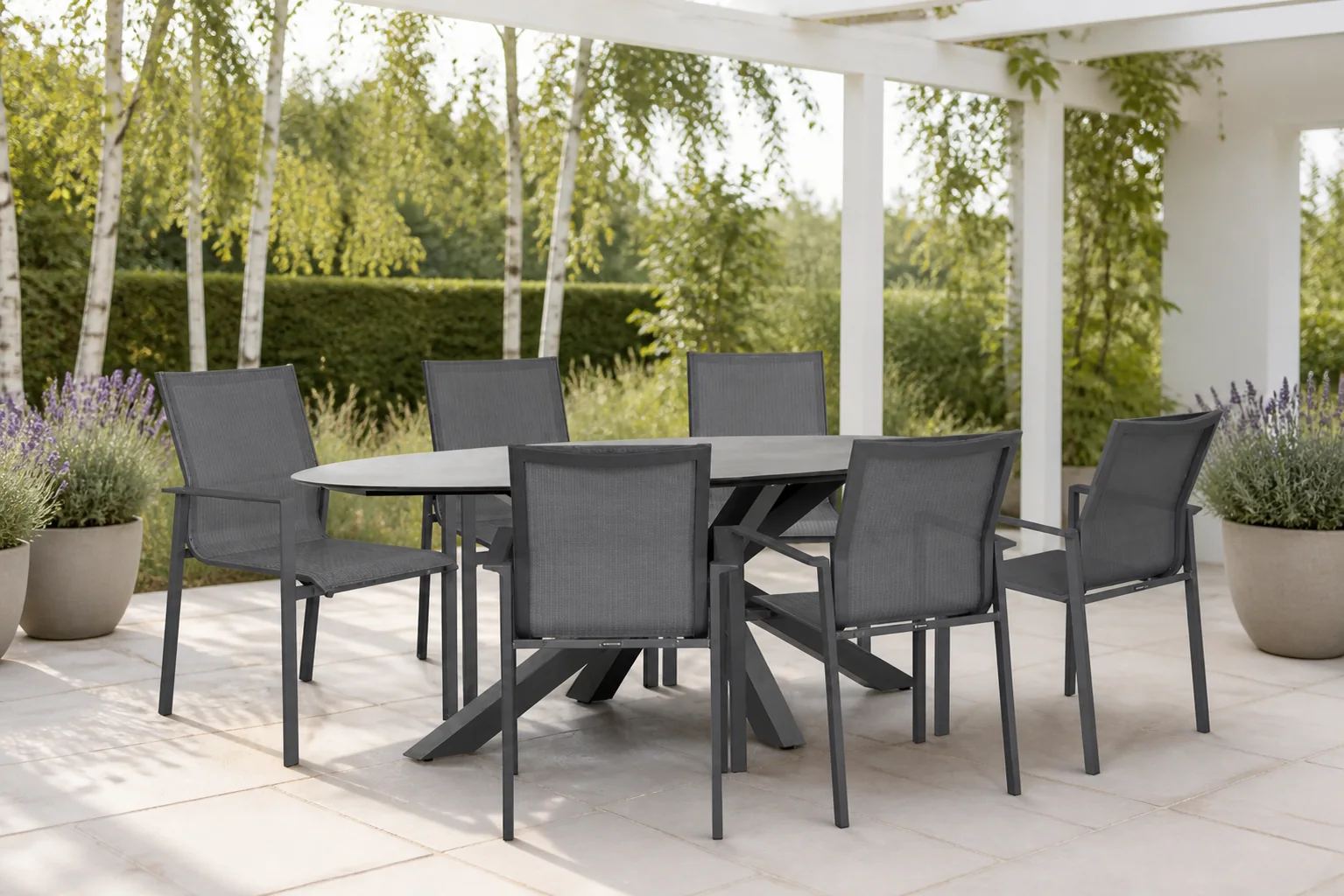 Sfeerfoto van Lifestyle Garden Furniture Timo/Ellisse 240×107 cm dining tuinset 7-delig – Grijs-antraciet