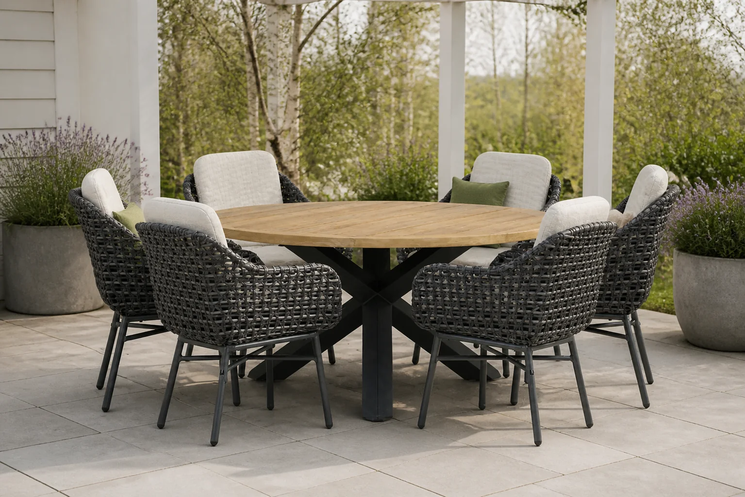 Sfeerfoto van Santika Furniture Yovan/Rockville 160 cm dining tuinset 7-delig – Grijs-antraciet