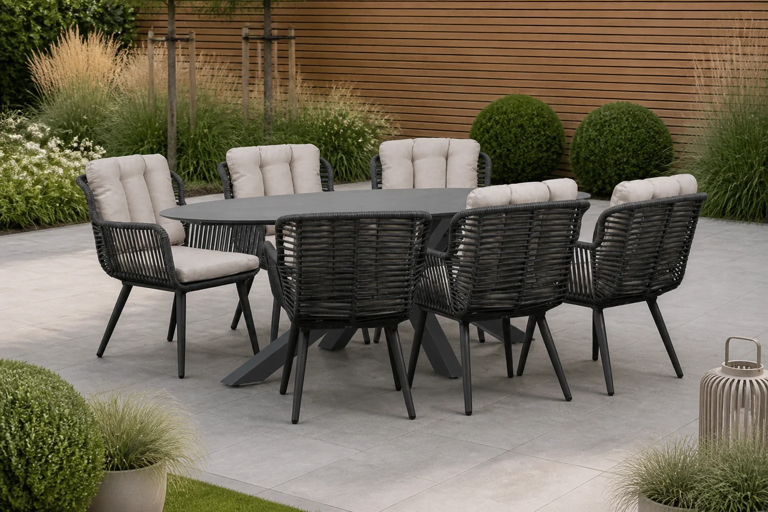 Sfeerfoto van Coco Custa/Ellisse 240×107 cm dining tuinset 7-delig – Grijs-antraciet