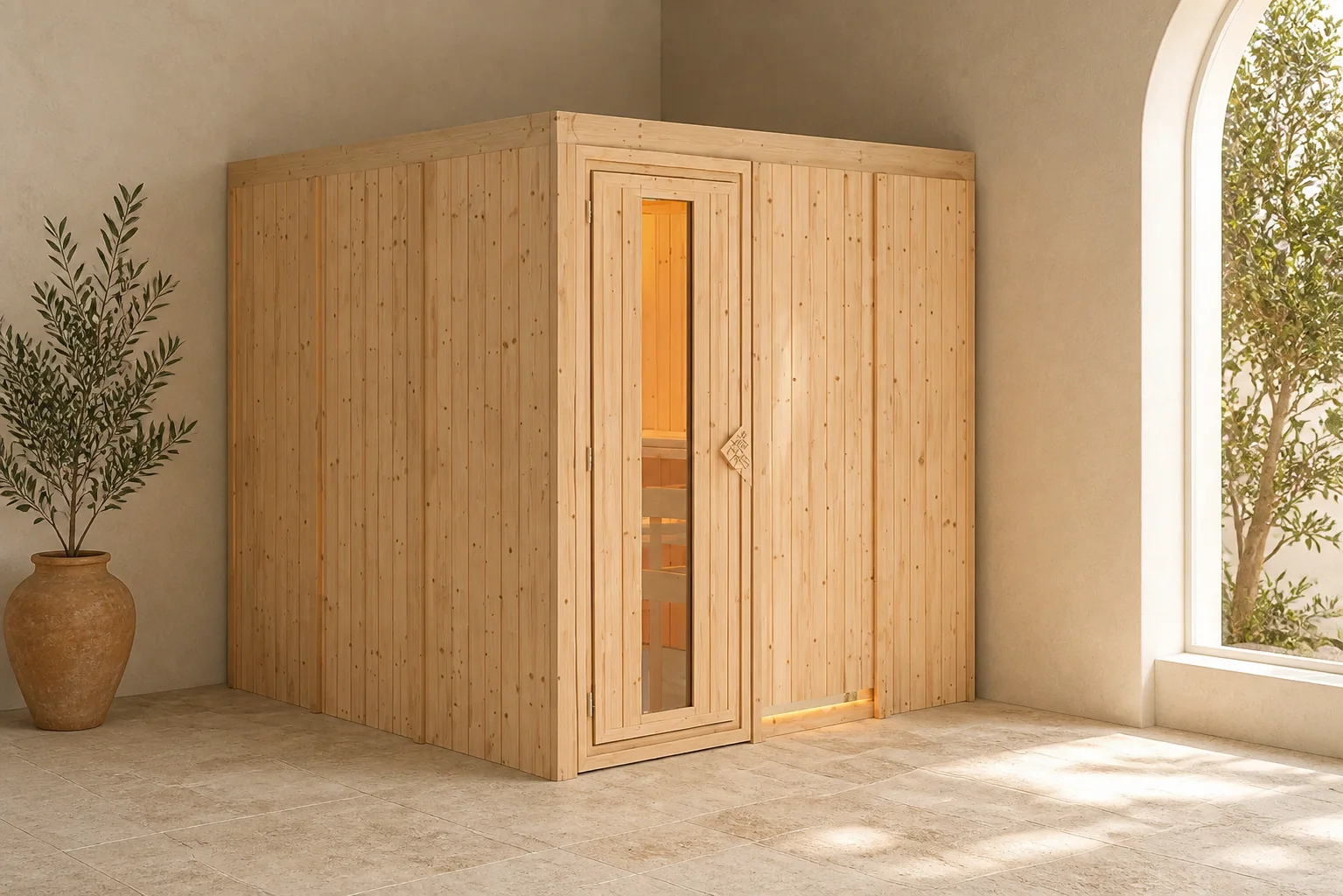 Sfeerfoto van Karibu | Rodin Sauna | Antracietglas | Kachel 9 kW Externe Bediening