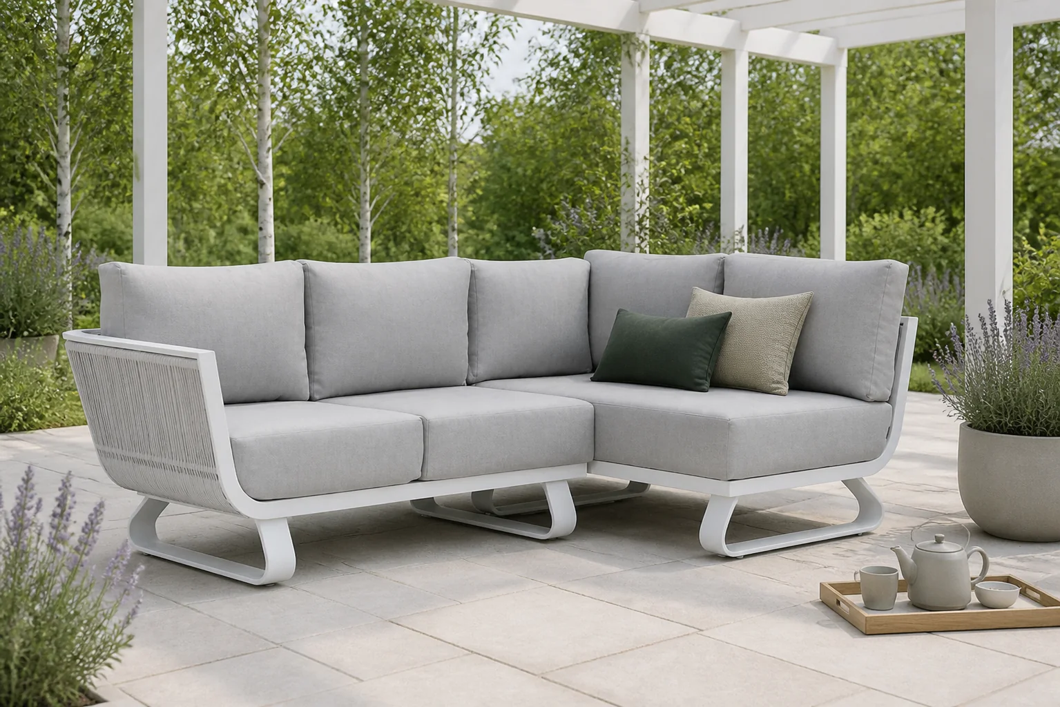 Sfeerfoto van Santika Furniture Corniche chaise longue loungeset 3-delig links – Wit