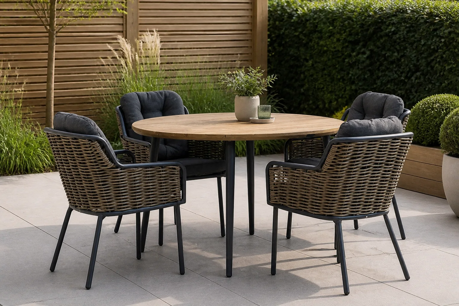 Sfeerfoto van Santika Furniture Fasano/Montana 130 cm rond dining tuinset 5-delig – Grijs-antraciet