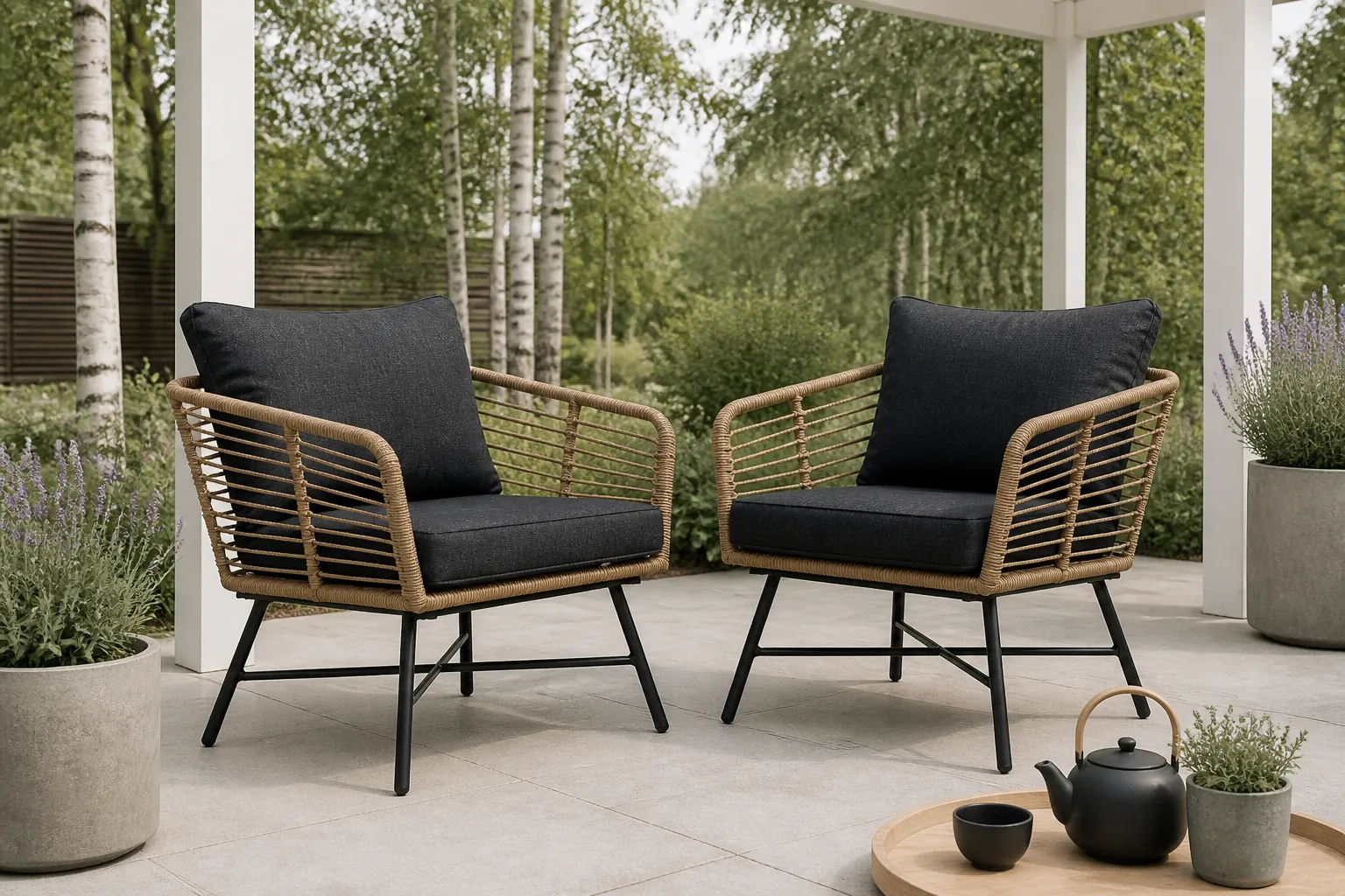 Sfeerfoto van BUITEN living Flow loungestoel tuin set van 2 | wicker + aluminium | Bamboo antraciet