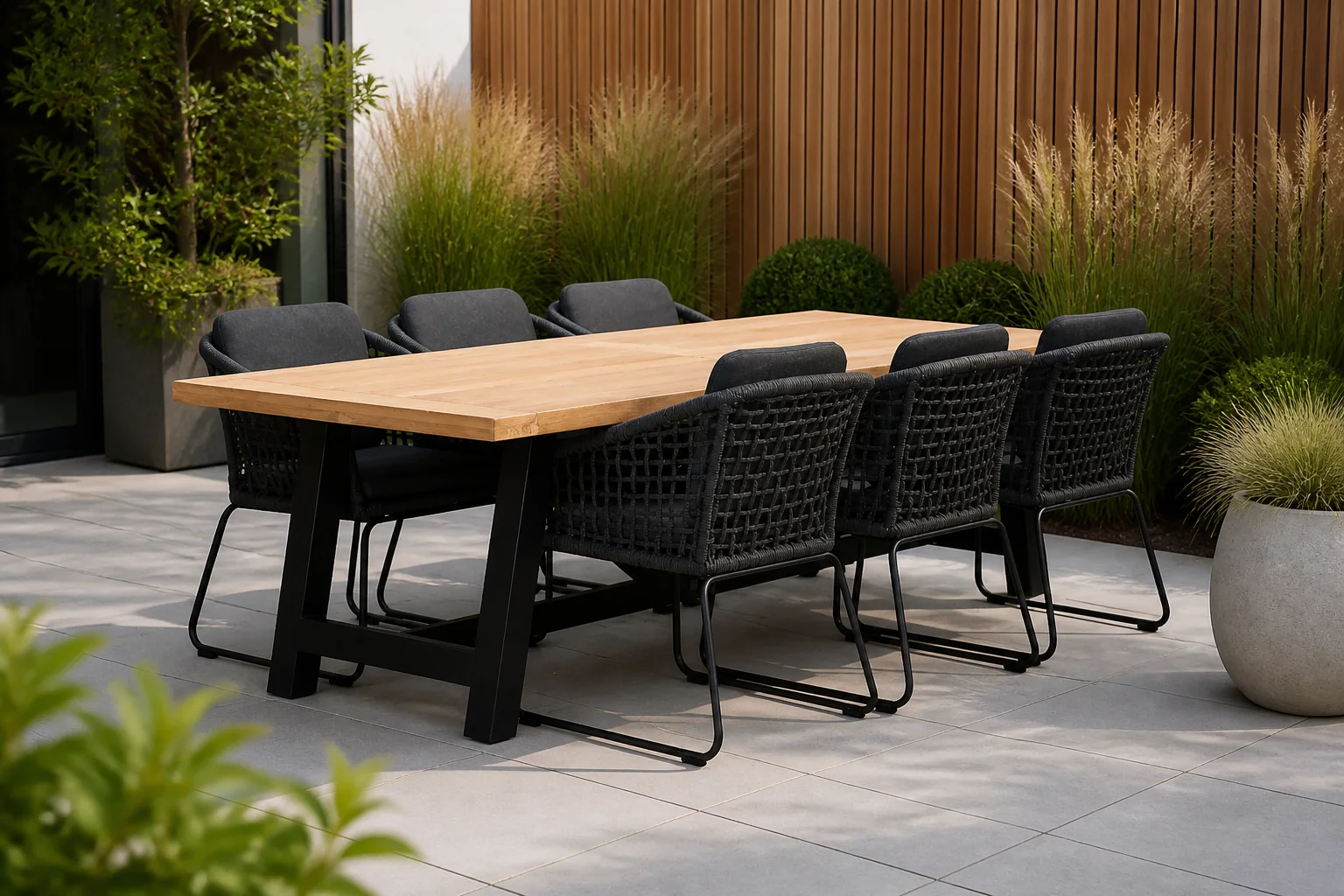 Sfeerfoto van LUX outdoor living James/Tulum Lava Grey dining tuinset | 6 personen | teakhout + touw | 260cm – Grijs