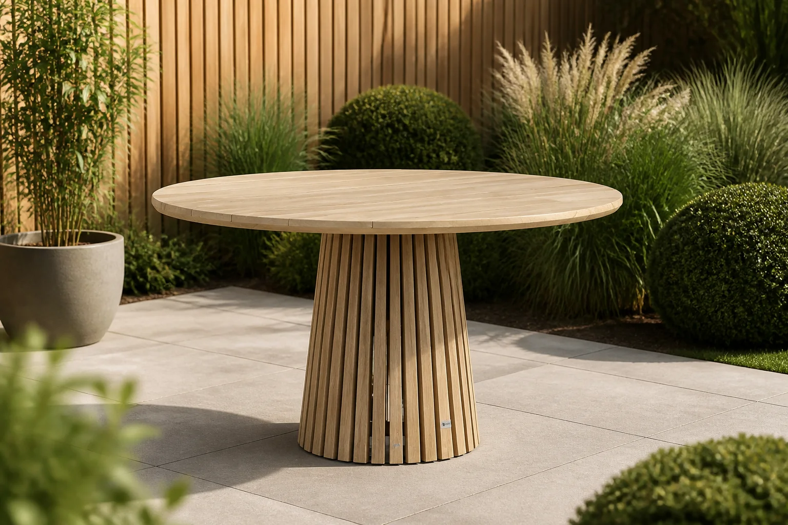 Sfeerfoto van Coco Fungo dining tuintafel 140 cm Ø – Old teak greywash