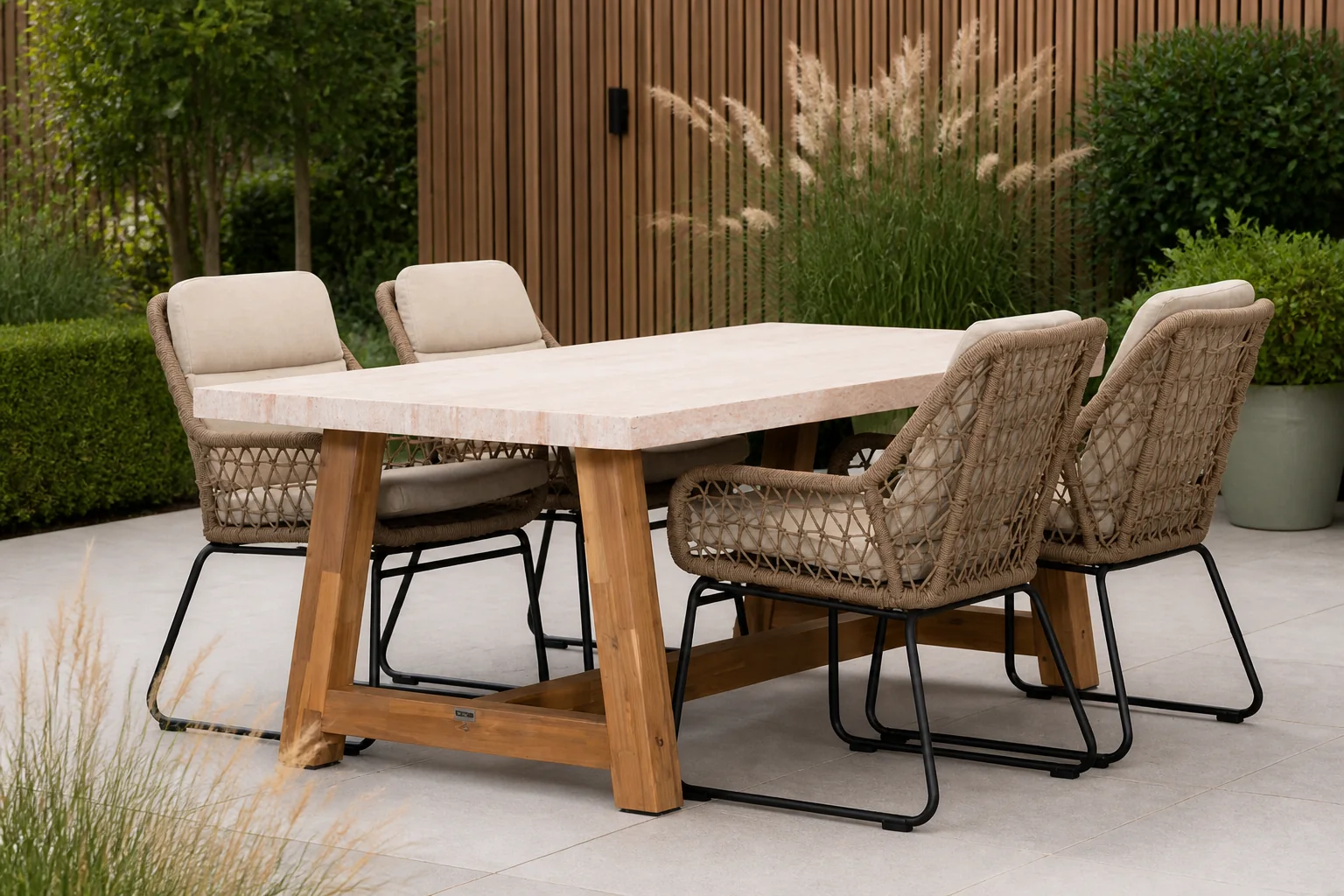 Sfeerfoto van BUITEN living Velora/Valencia Sahara Dust dining tuinset | 4 personen | travertin + touw | 200cm – Zand