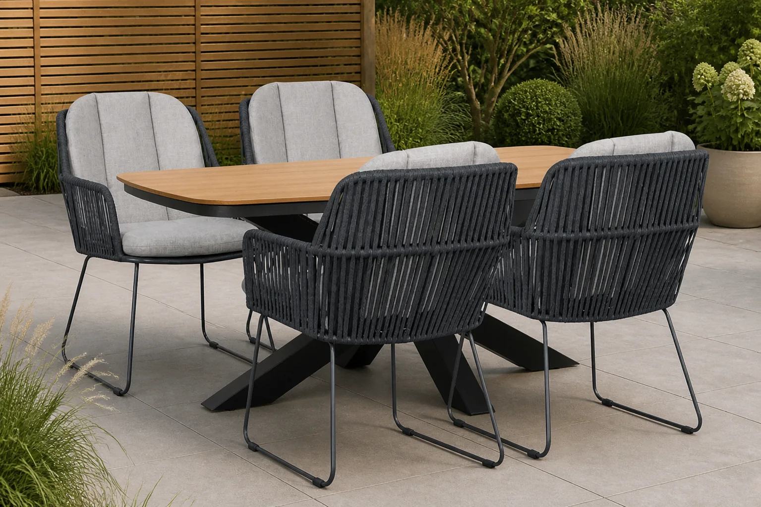 Sfeerfoto van Domani Furniture Trivento/Camila 180×100 cm dining tuinset 5-delig – Grijs-antraciet