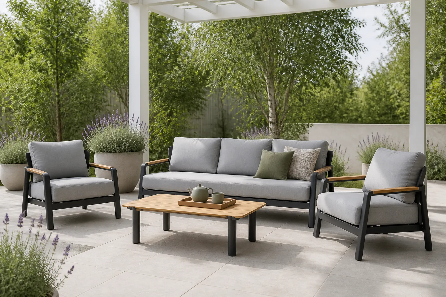 Sfeerfoto van LUX outdoor living Marbella stoel-bank loungeset 5 personen | aluminium + teak | antraciet | 4-delig