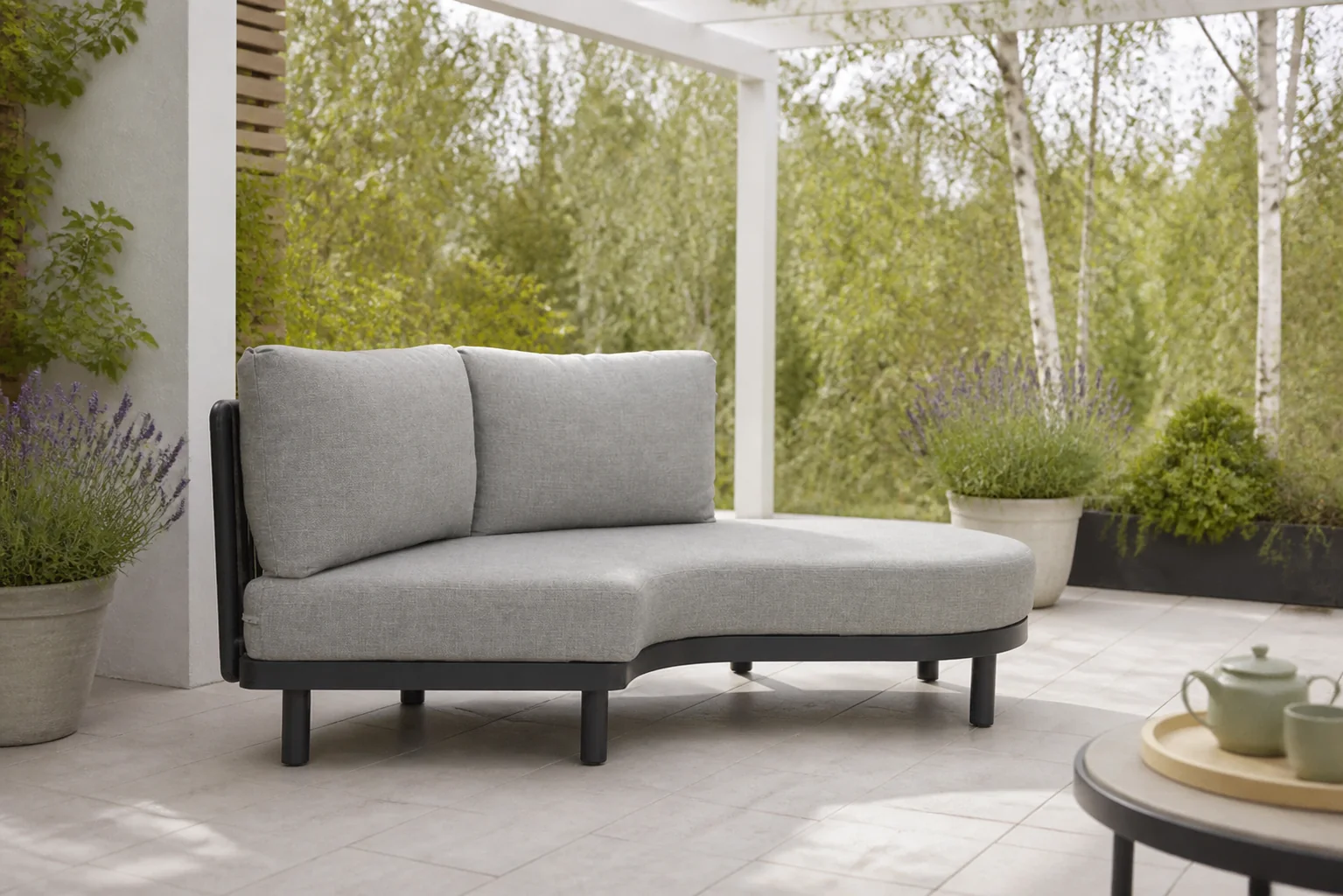 Sfeerfoto van Santika Furniture Nanda Chaisse Longue links – Grijs-antraciet