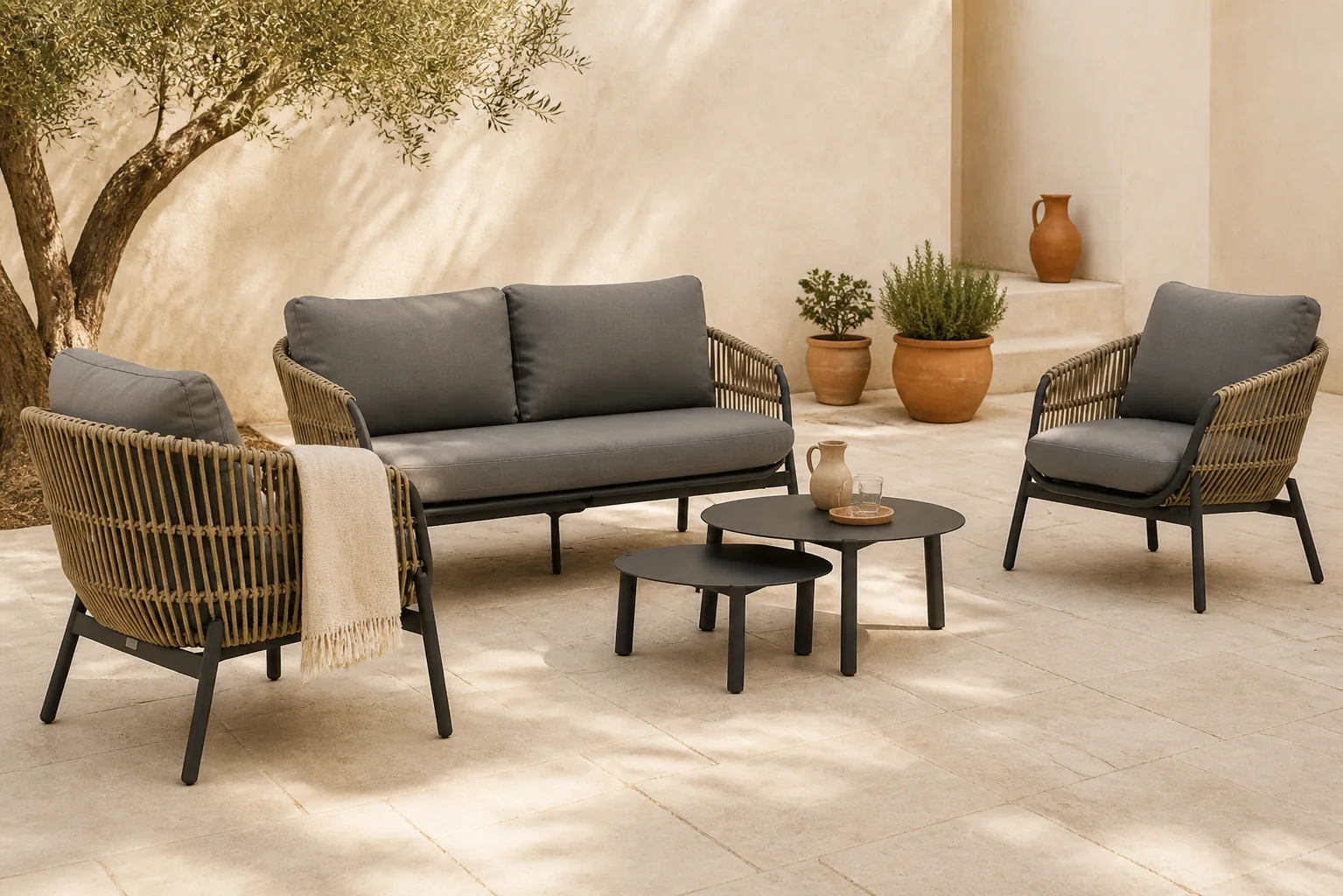 Sfeerfoto van Coco Nathan/Rimini 75-60 stoel-bank loungeset 5-delig – Taupe-naturel-bruin