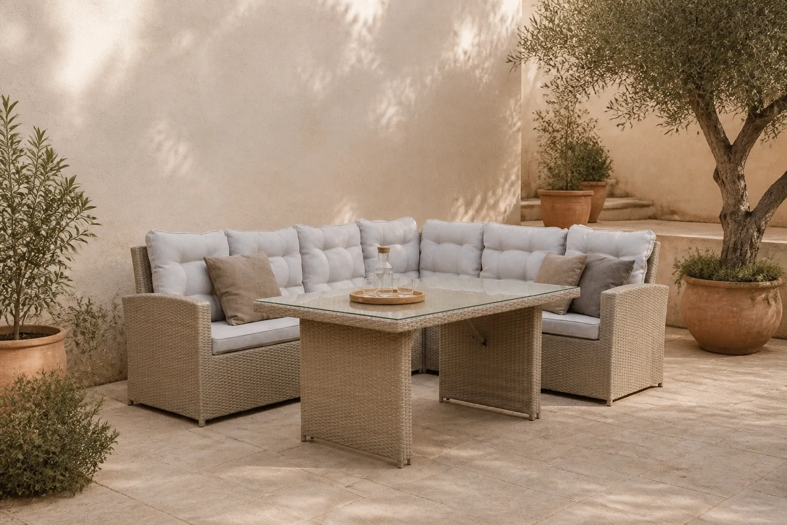 Sfeerfoto van Denza Furniture Kopenhagen hoek loungeset 6 personen | wicker | Royal Sand | 3-delig 246x194cm