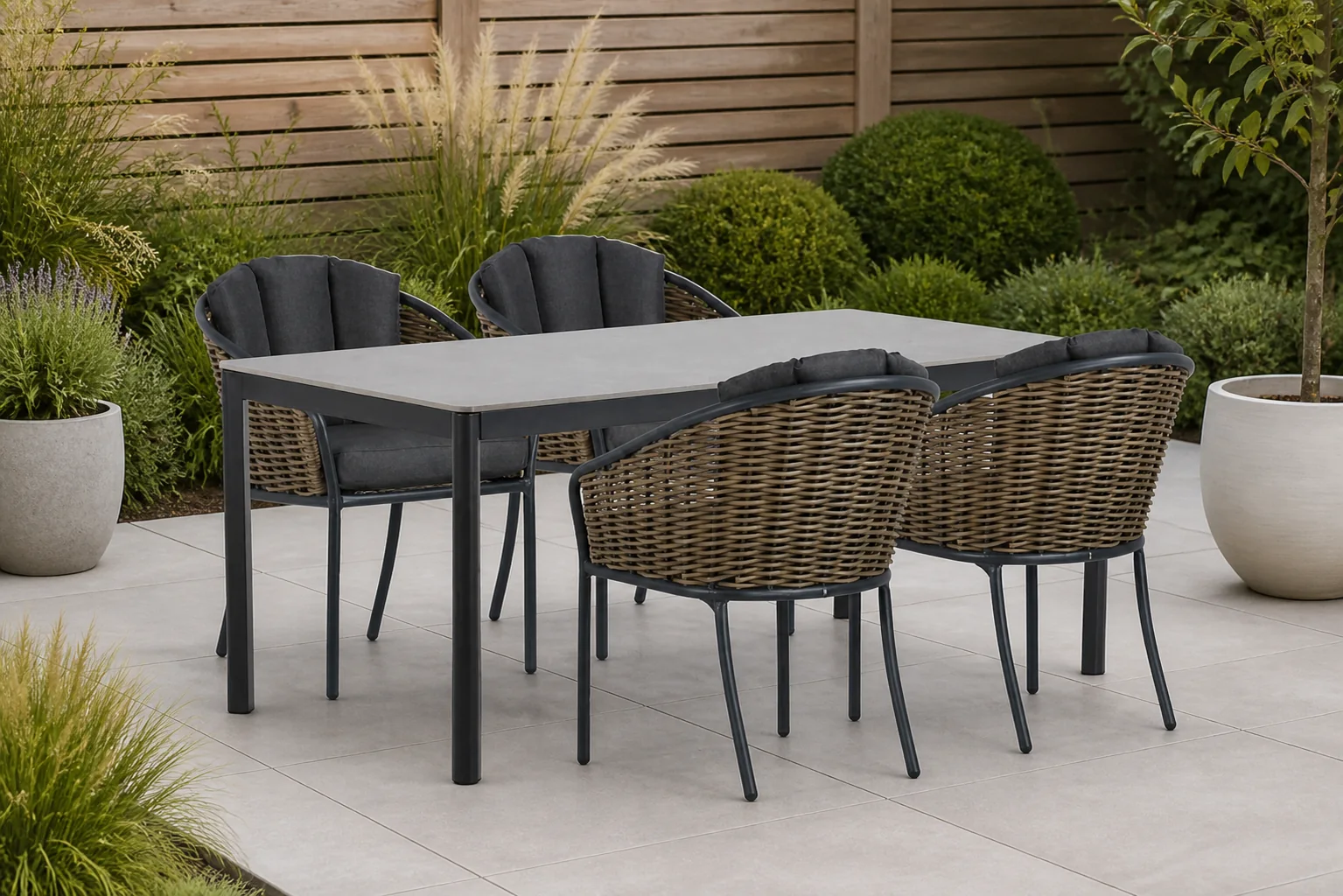 Sfeerfoto van Santika Furniture Tika/Como 180 cm dining tuinset 5-delig – Grijs-antraciet