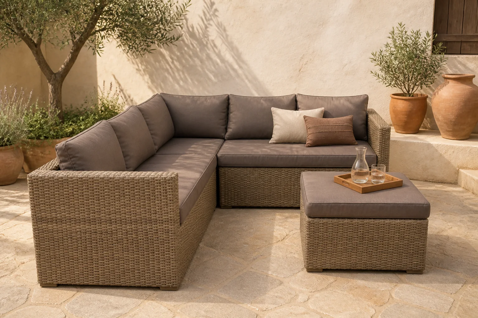 Sfeerfoto van Eurofleur aanbieding Gibson loungeset natural kobo grijs hoekset Eurofleur
