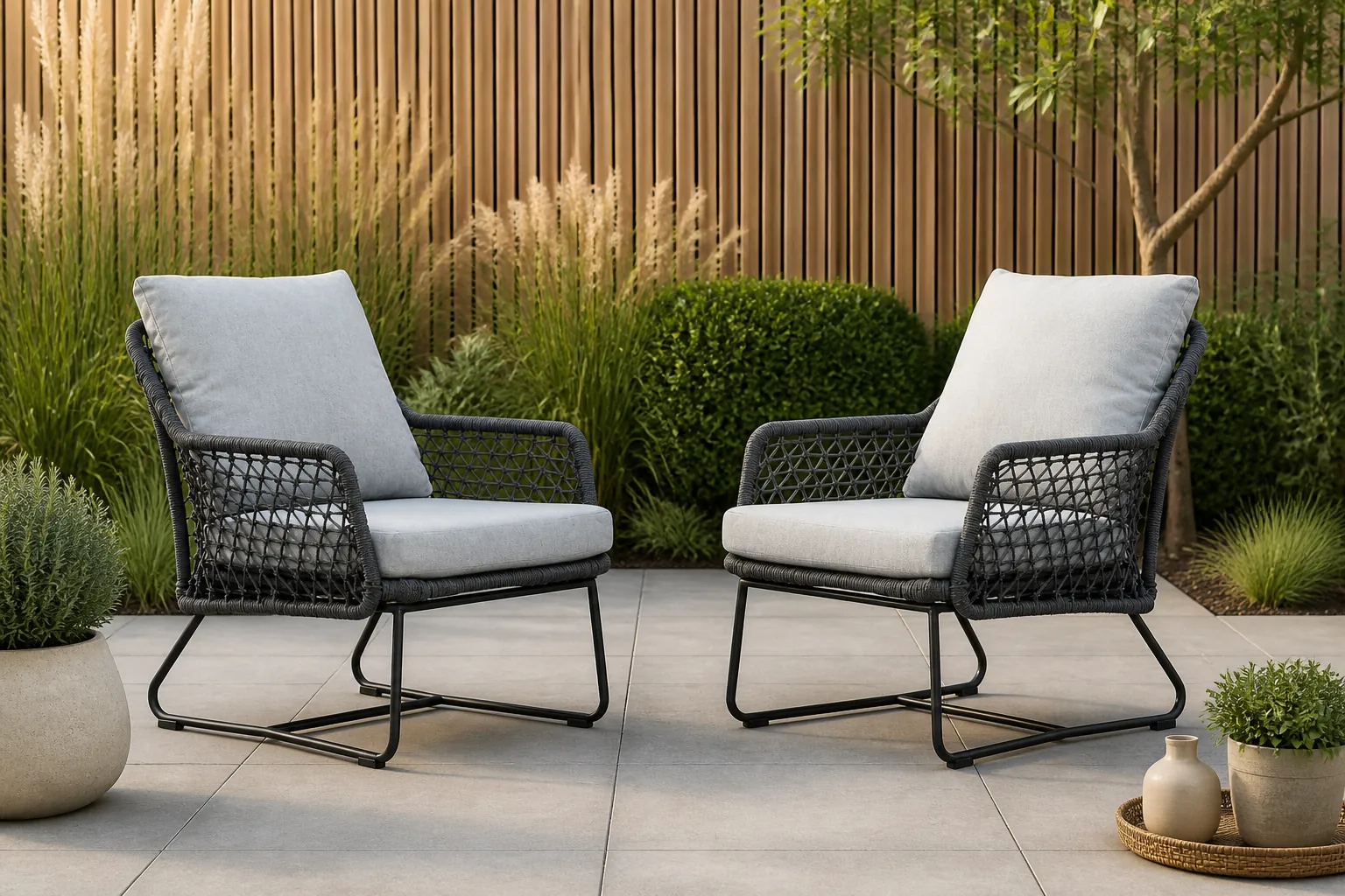 Sfeerfoto van BUITEN living Gianna loungestoel tuin set van 2 | touw + aluminium | Stone Grey – Grijs