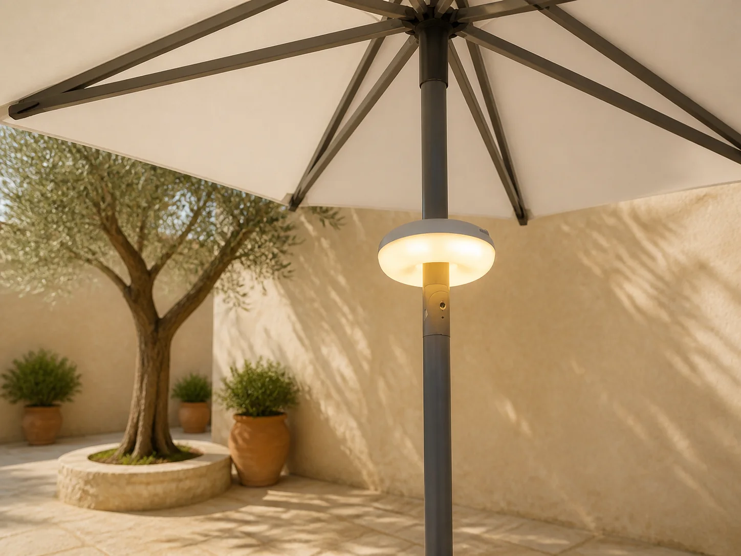 Sfeerfoto van New Garden Lima parasollamp led oplaadbaar dimbaar ø 17,5cm – Wit