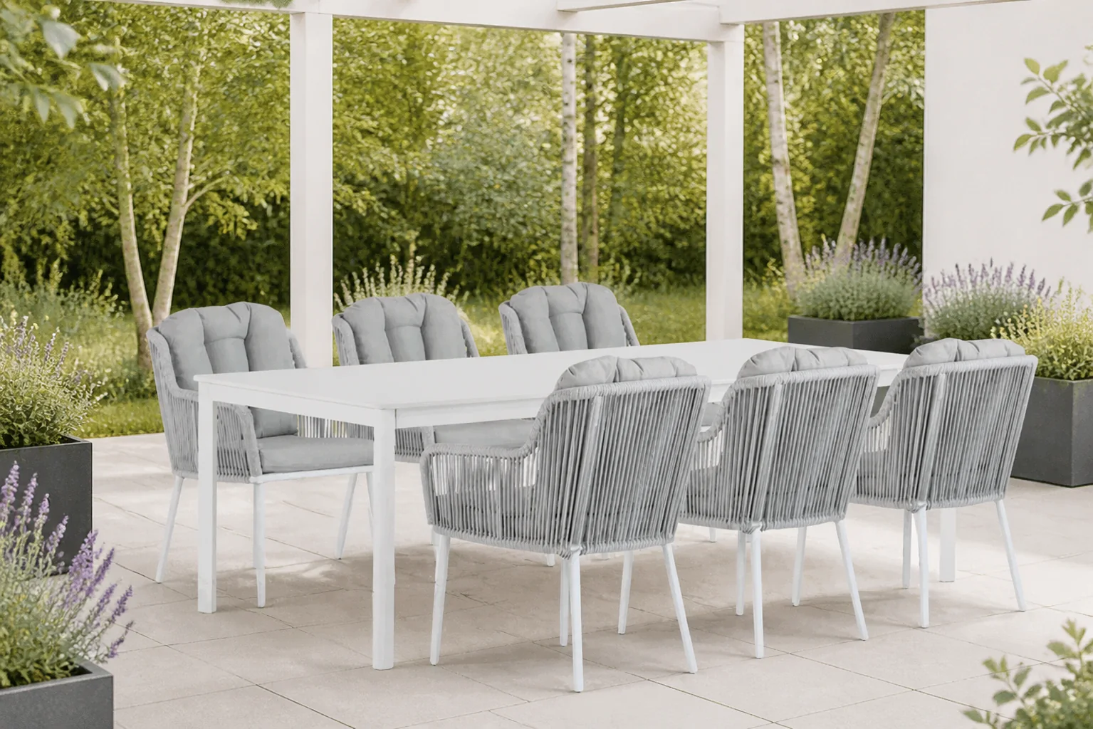 Sfeerfoto van Santika Furniture Tendenza/Como 220 cm dining tuinset 7-delig – Wit