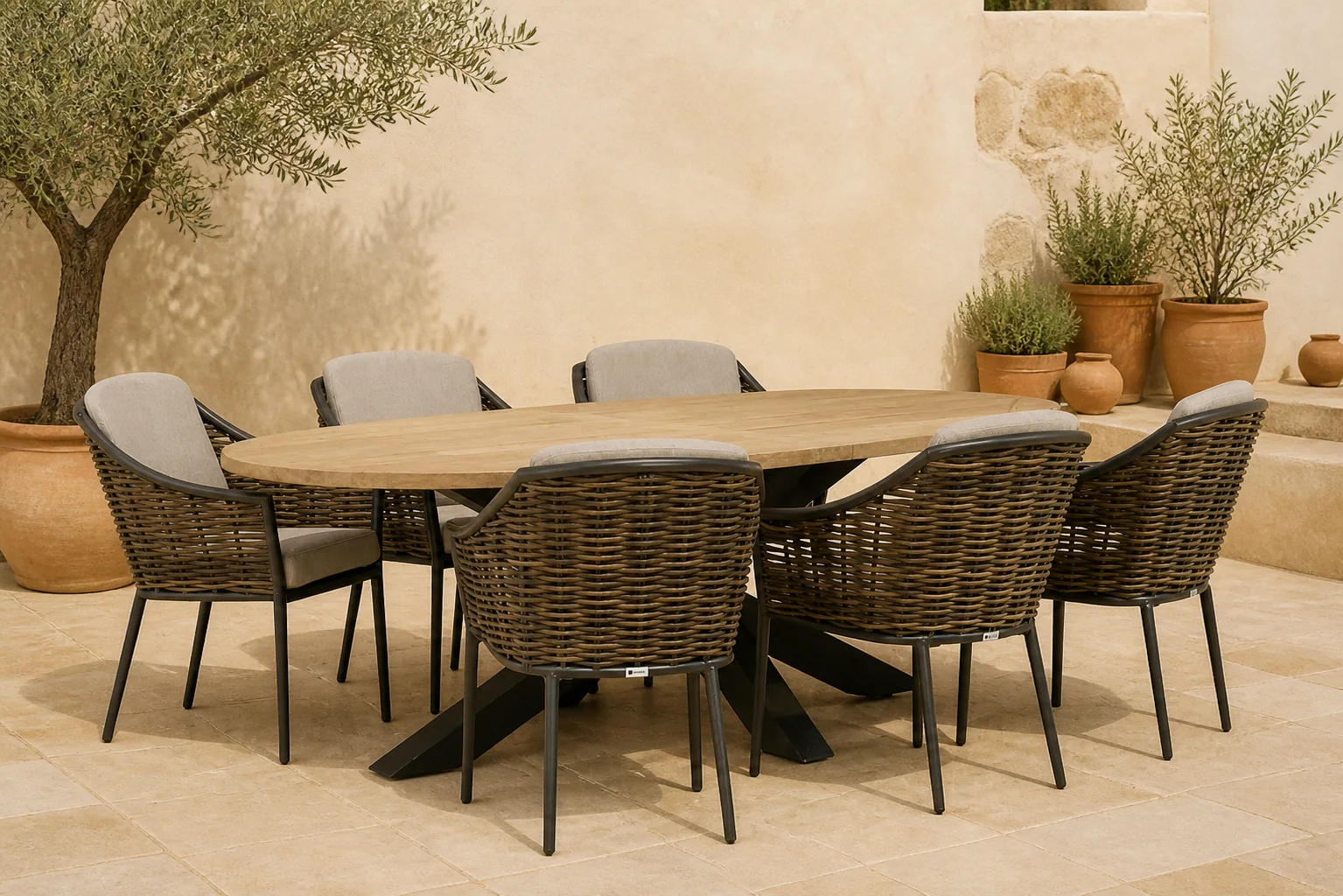 Sfeerfoto van Coco Olivine/Brookline 240 cm dining tuinset 7-delig – Taupe-naturel-bruin