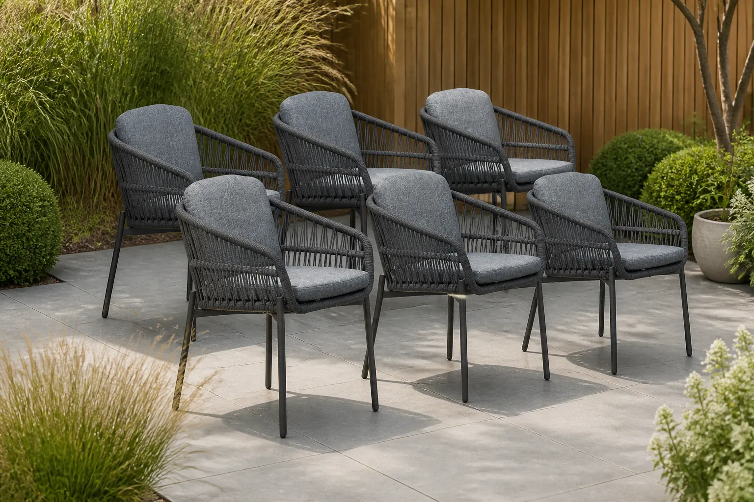 Sfeerfoto van LUX outdoor living Rico dining tuinstoel set van 6 | aluminium + touw | charcoal – Antraciet