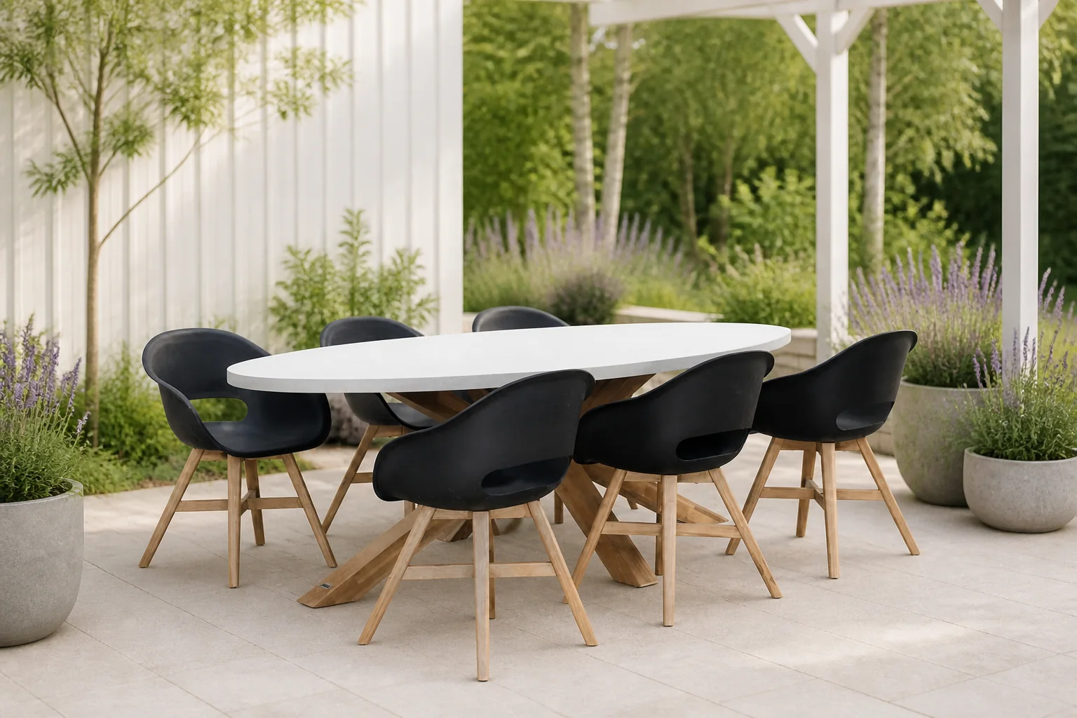 Sfeerfoto van BUITEN living Livorno/Karlstad zwart dining tuinset | 6 personen | betonlook + kunststof | 240cm