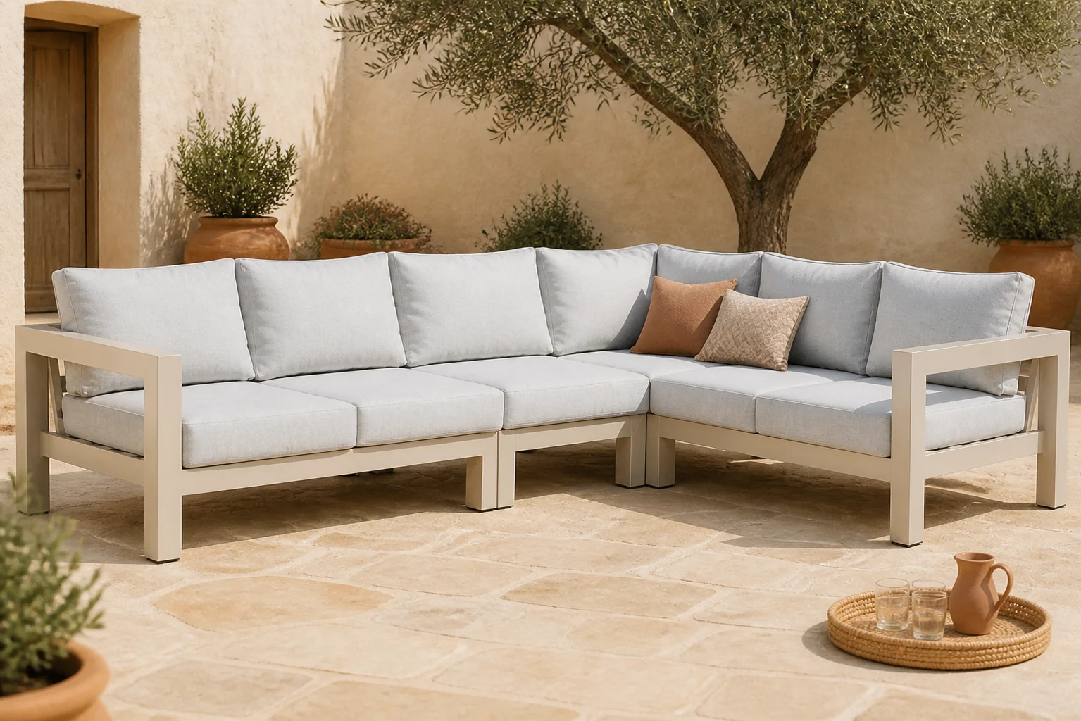 Sfeerfoto van Lifestyle Garden Furniture Luca hoek loungeset 4-delig – Taupe-naturel-bruin